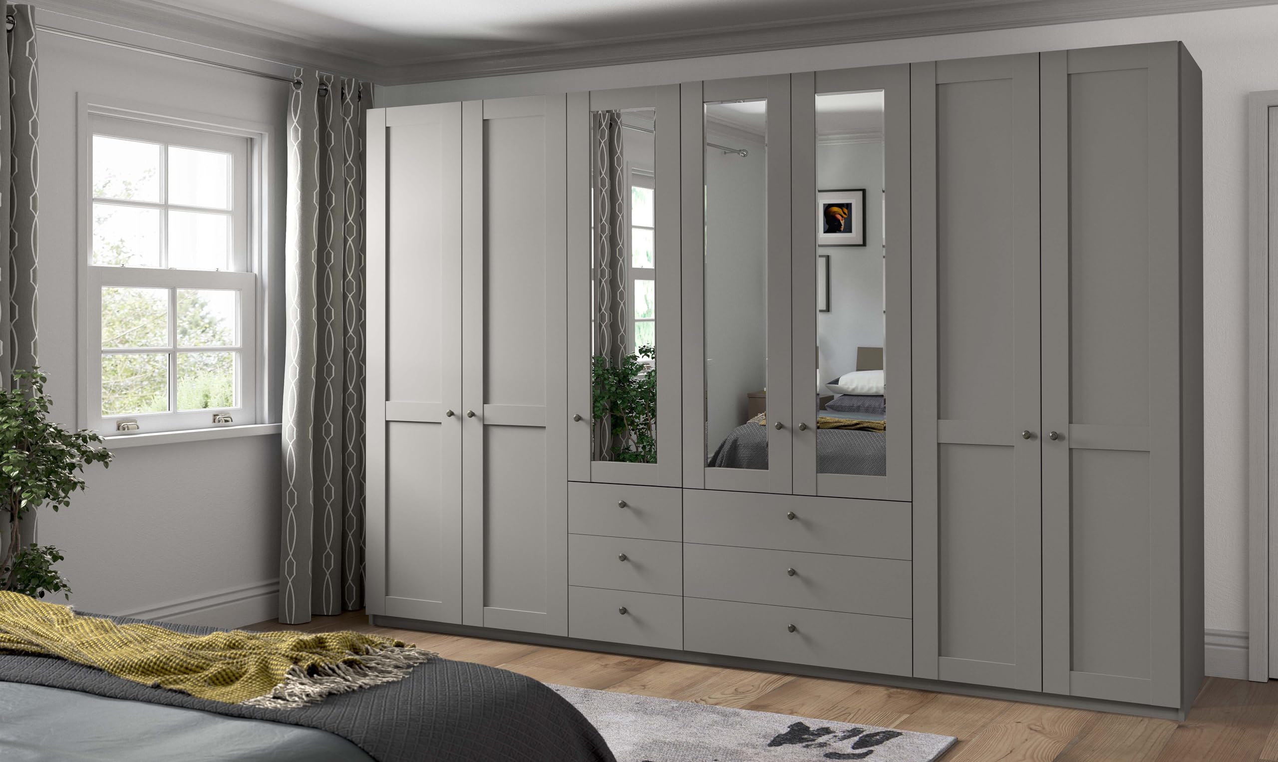 WIEMANN Drehtürenschrank mit 6 Schubkästen, mit 3 Spiegeltüren mittig, Landhausstil Kleiderschrank 350cm breit, Kieselgrau, Höhe 216cm, Marlow Küche, Haushalt & Wohnen