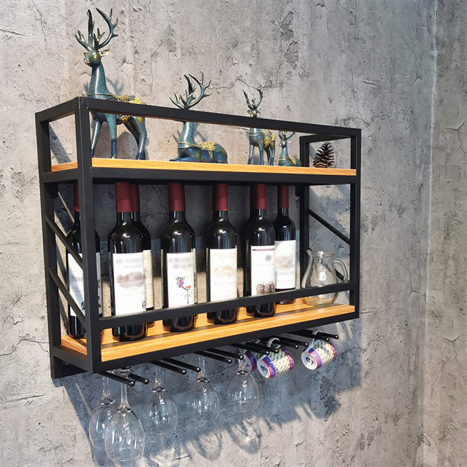 MBQQ, scaffale per vino in vetro, scaffale industriale a 2 ripiani in legno, 61 cm da parete con 6 supporti per bicchieri da vino, tazze, decorazione per la casa, retro nero