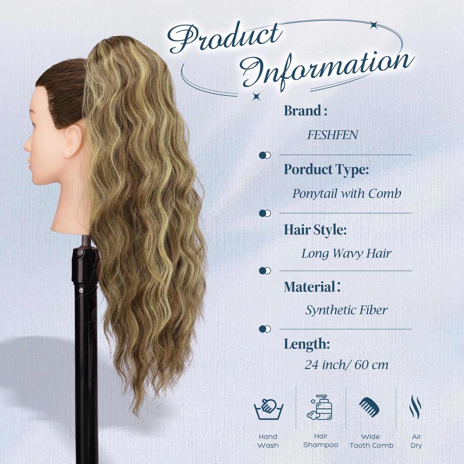 FESHFEN Coletas Postizas Pelo Ondulada, Largo Cola de Caballo Extensiones con Peine Sintetico Postizos Ponytail Extensiones de Cabello para Mujer, 60 cm Marrón Claro & Rubio