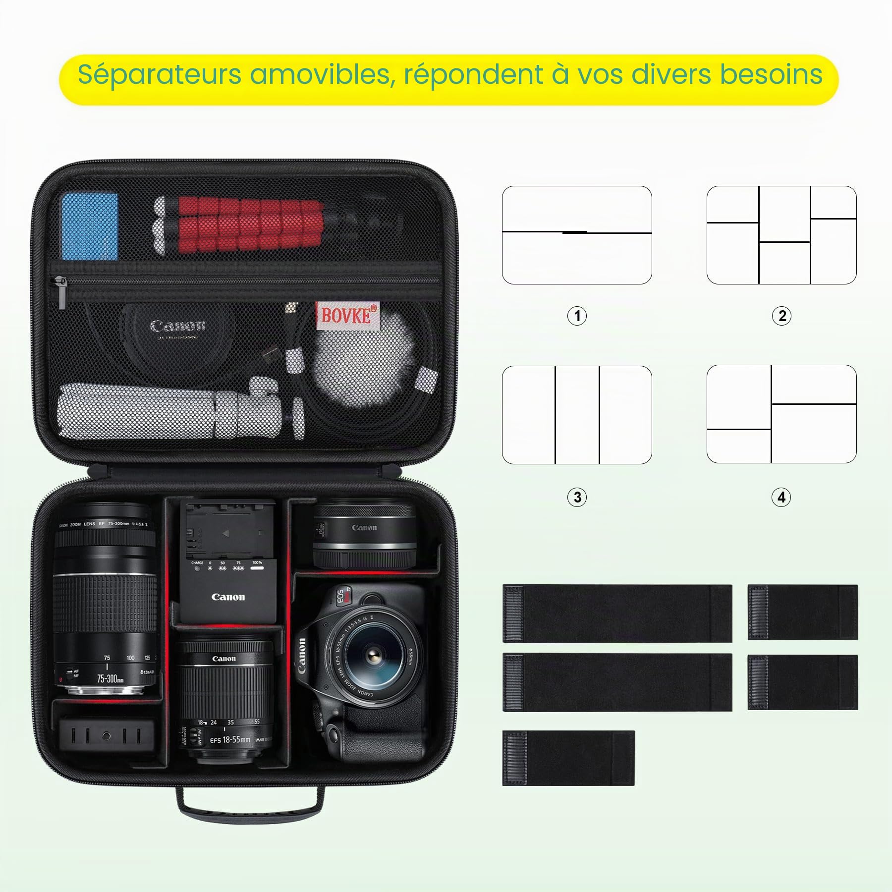 BOVKE Etui pour Canon EOS 2000d/R50/R6 Mark II/R100, étui de Rangement pour Appareils Photo Reflex Numériques Canon, Sony, Nikon, trépieds et Accessoires, bandoulière avec 5 séparateurs, Noir