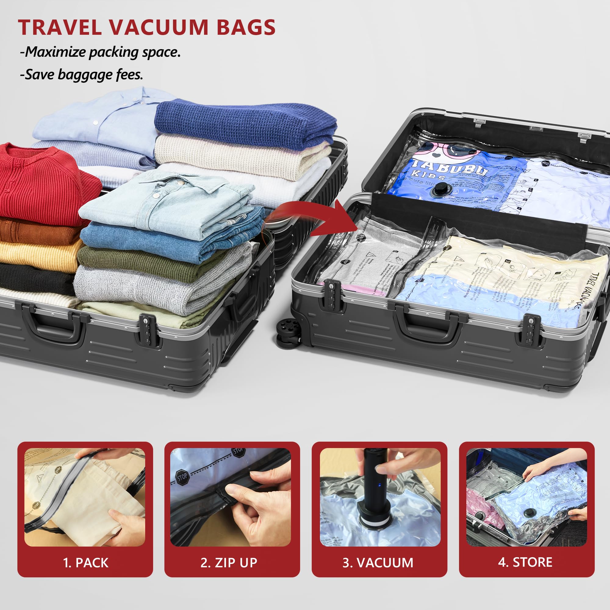 18 Pack Travel Vacuum Storage Bags for Clothing with Rechargeable Electric Pump, Compression Packing Cubes Organizer for Luggage Suitcase, Space Saver Seal Bags for Vacation Cruise
