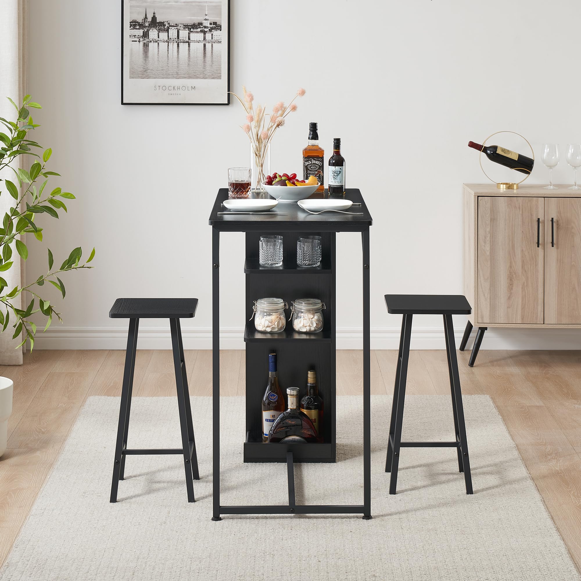 Mesa de Bar con 2 taburetes Altos: Mesa 90x50x90 cm, 2 taburetes Duros 27x27x60 cm, Madera, Soporte metálico, Almacenamiento Abierto, Ideal para Bar y Comedor, Color Negra