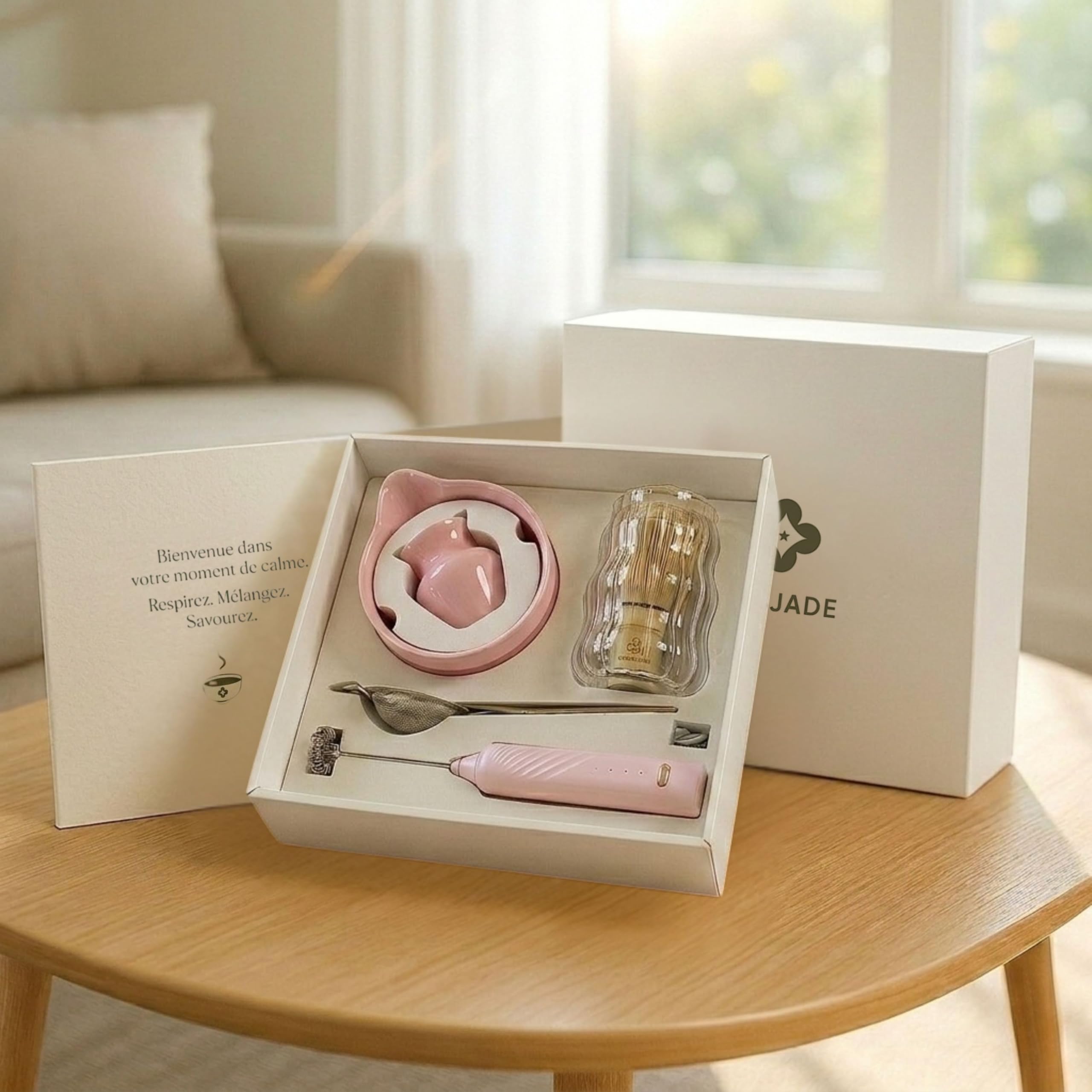 Kit Matcha – Matcha Kit Complet avec Bol Matcha 530ml Bec Verseur, Fouet Matcha Électrique & Chasen Bambou – Coffret Matcha Rose Premium, Set Matcha Débutant avec Accessoires Thé Matcha