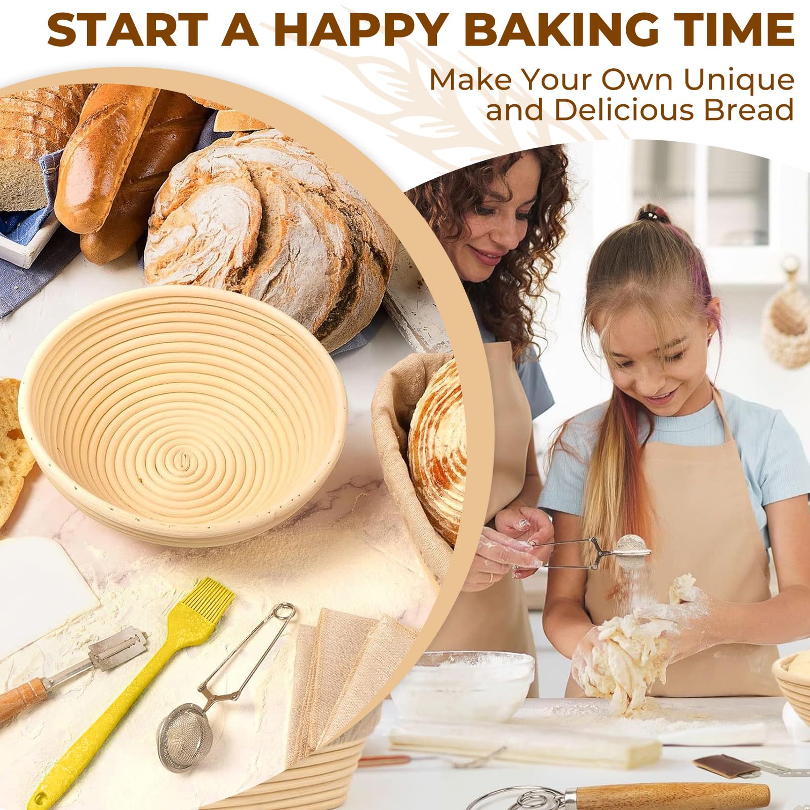 Banneton pour Pain, Corbeille a Pain Rond 25cm, Pot de Fermentation 700ml, Grattoir à Pâte, Brosse, Kit Boulangerie pour Pains à Levain, Panier a Pains pour Débutant, Passionné de Boulangerie