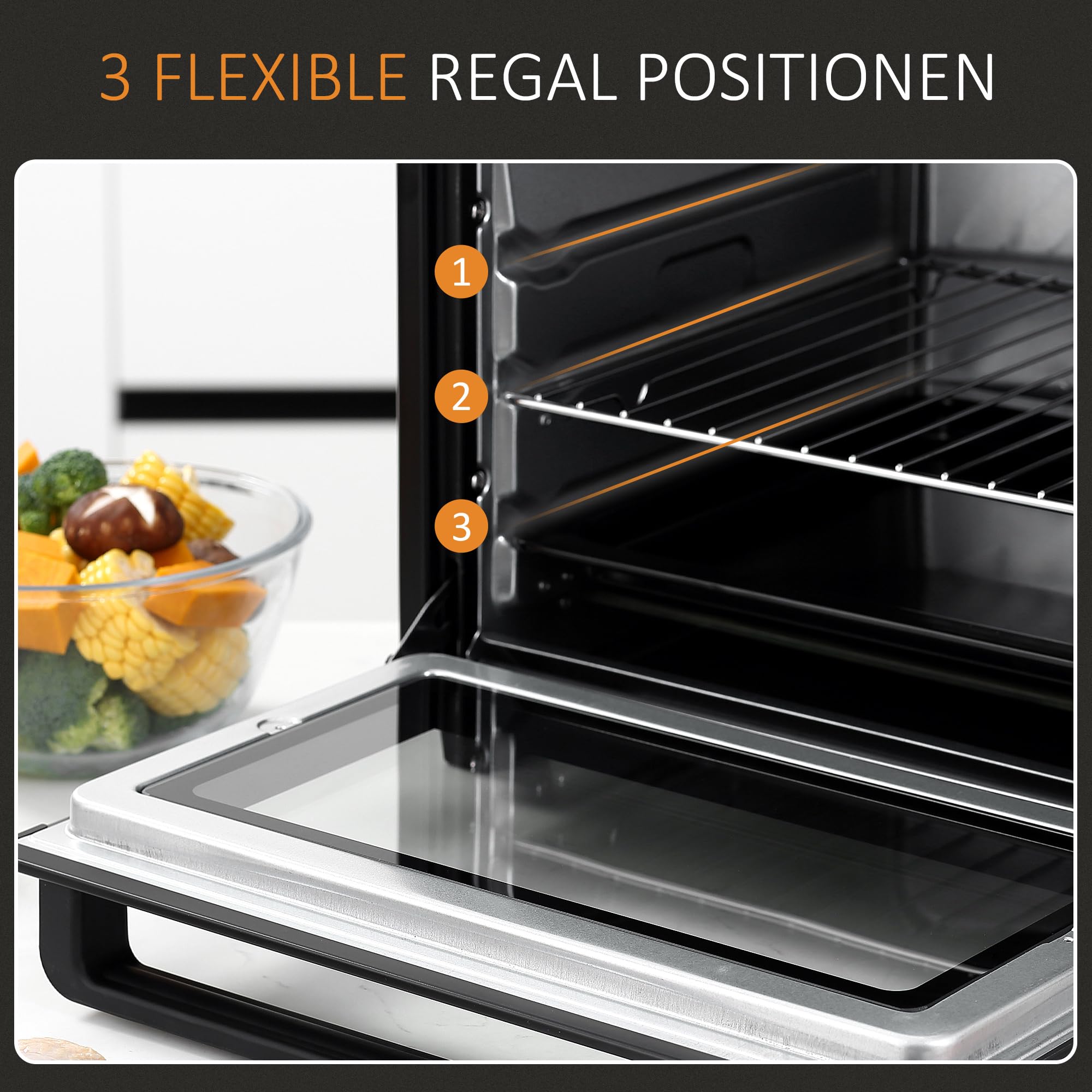 HOMCOM Mini Backofen 32L 100 °C-230 °C 1600 W Mini Ofen mit Backblech Krümelblech Grillrost und 3 Kochmodi Pizzaofen mit Timer Backblech-Griff Edelstahl Schwarz