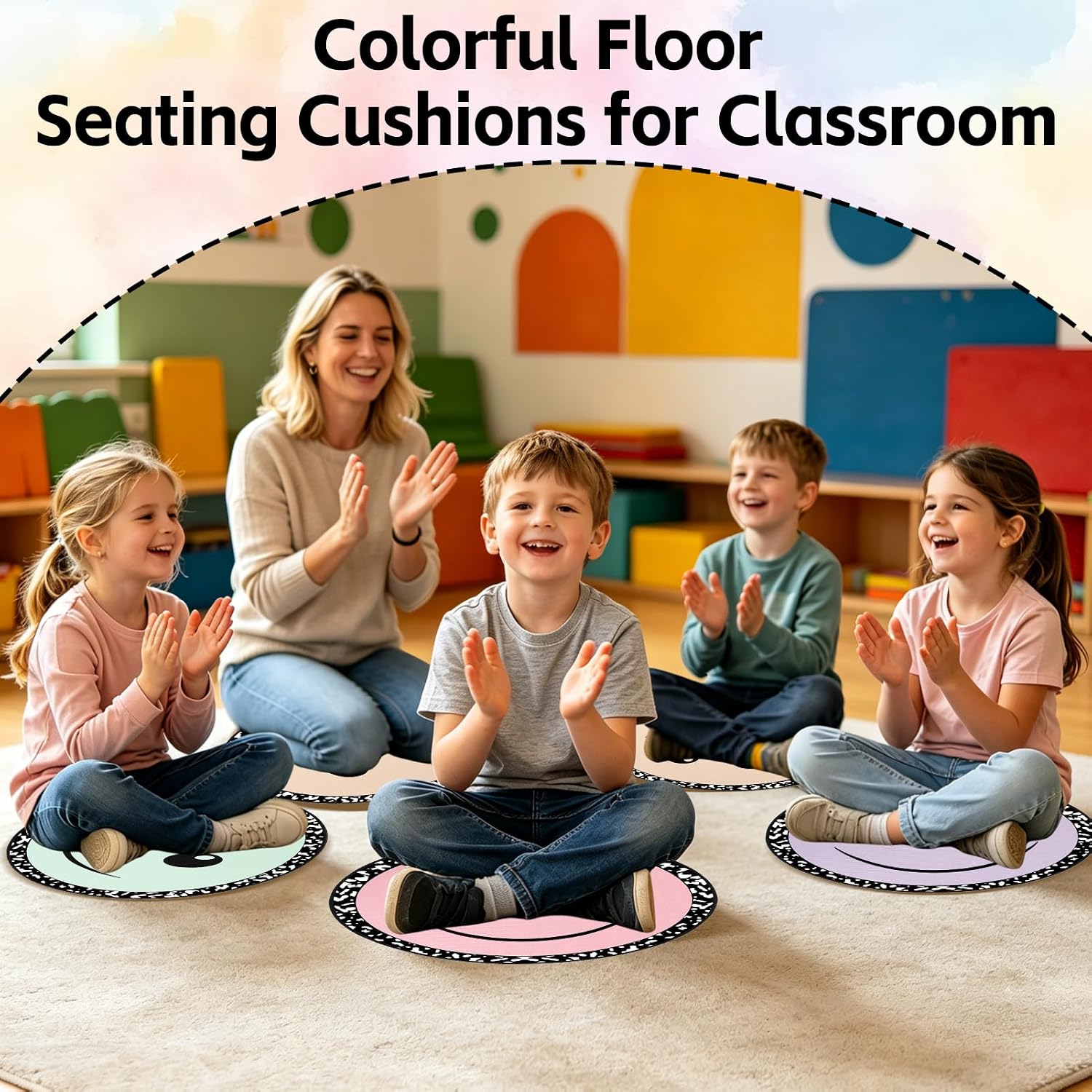 12Pcs Smiley Face Carpet Circle Seats for Classroom Decor 16 Inch Non Slip Floor Cushions Smiley Composition Notebook Classroom Rug Round Floor Mat for Preschool Kindergarten Reading Playing Area