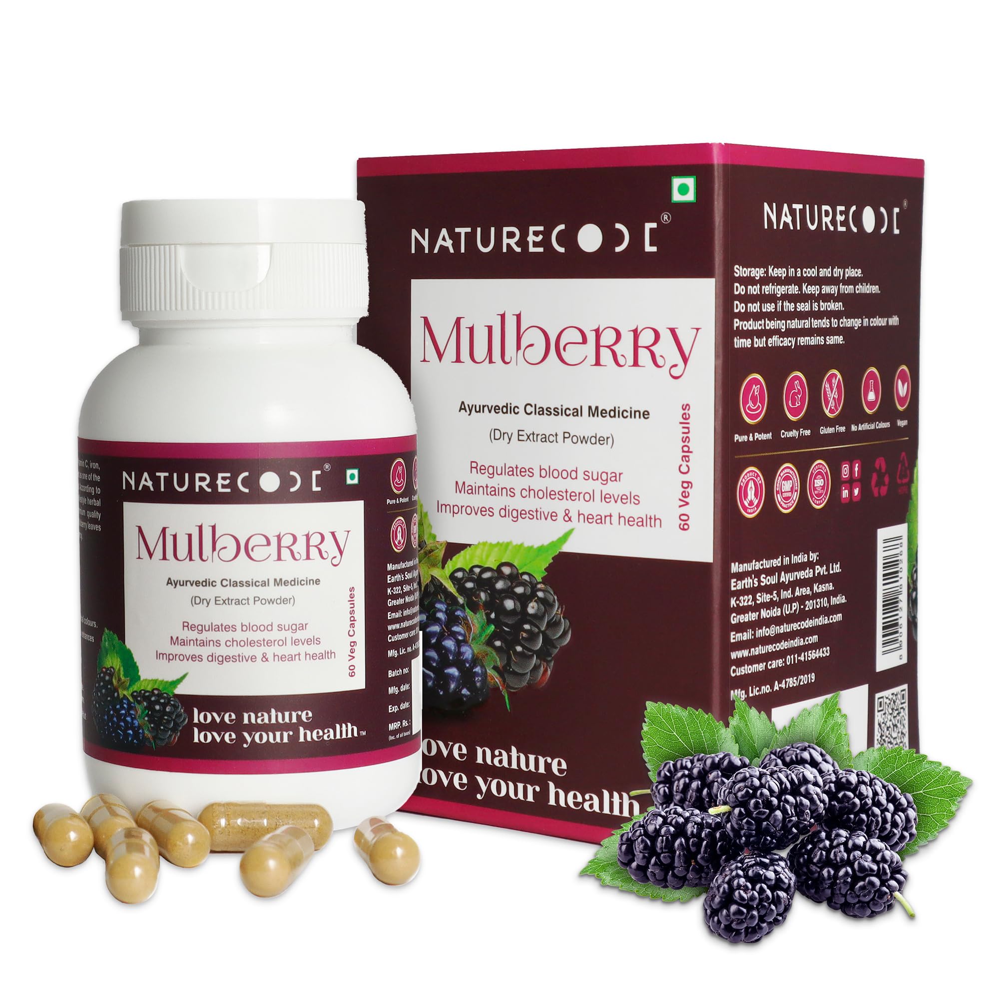 Nature Code Ayurvedic Mulberry Extract 450mg Capsules, AYUSH Approved, Supports Heart & Digestive Health, Helps Regulate Blood Sugar & Cholesterol, 60 Veg Capsules