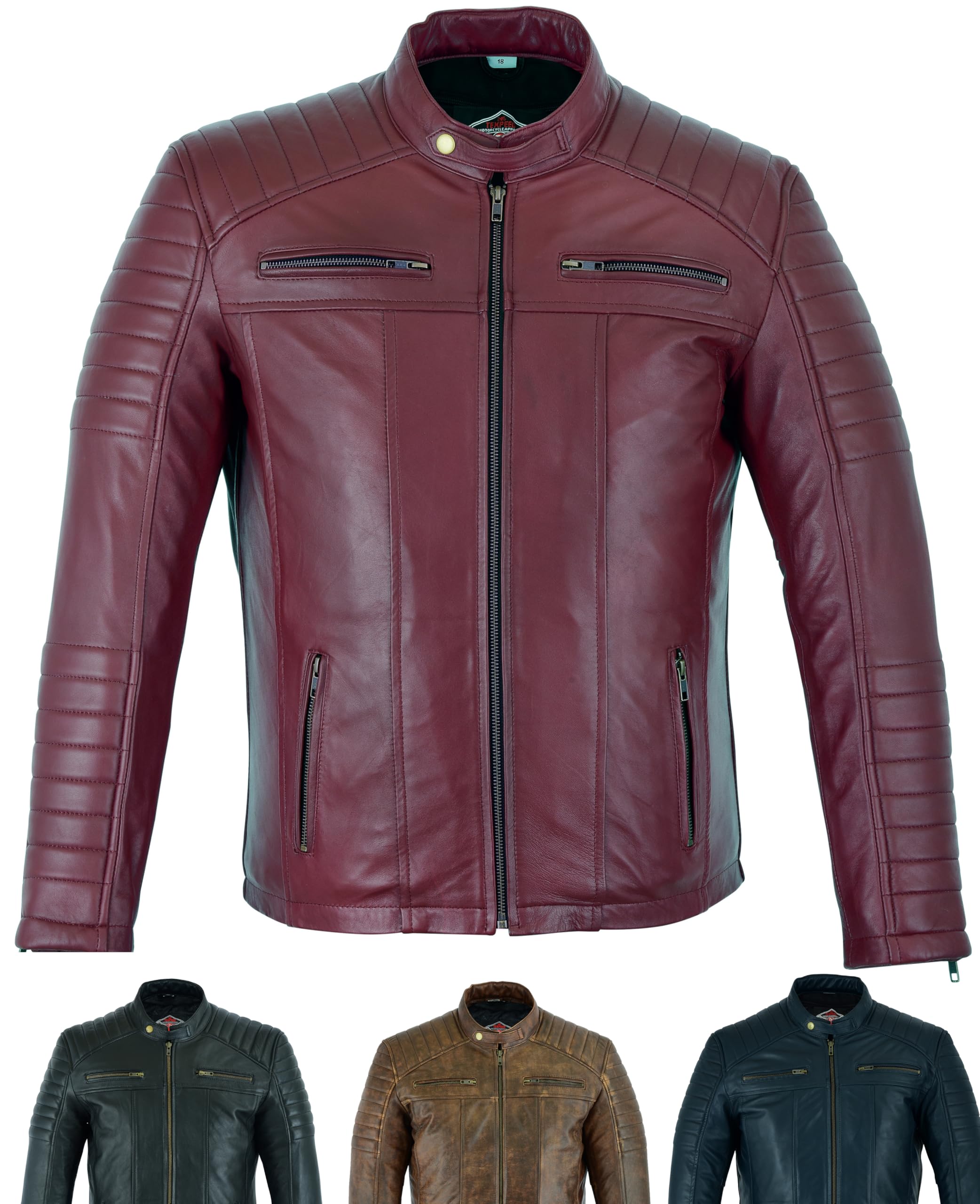 Texpeed Giacca di pelle casual da uomo - Estate/invernale Soft Touch autentica vintage pelle di montone Biker in vera pelle stile motociclista - Nero - Marrone - Rosso - Blu Marina Militare
