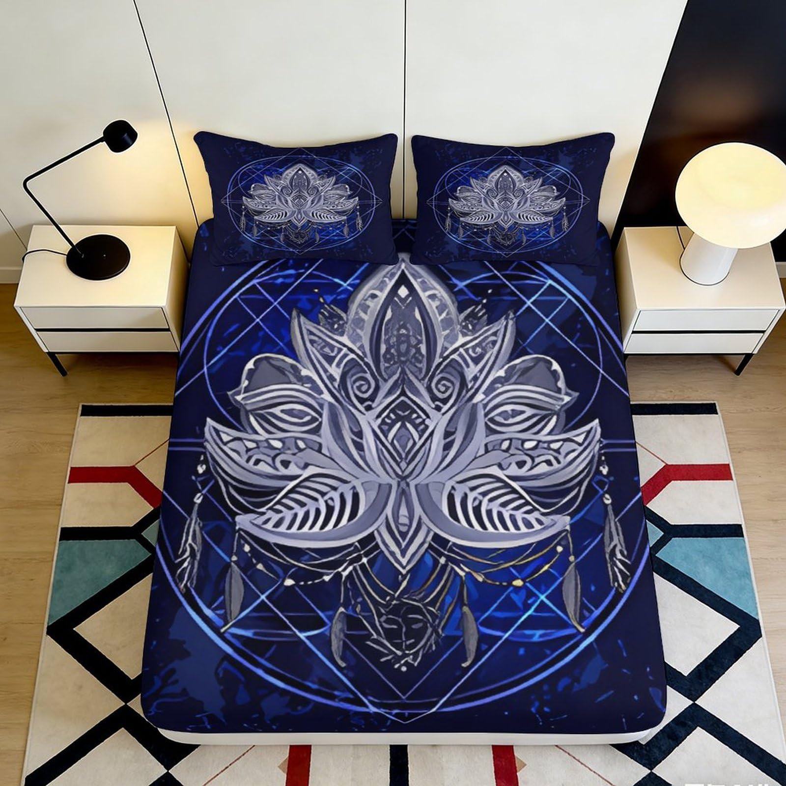 3D Printed Lotus Mandala Fitted Sheet Microfiber Navy Blue Ethnic Bed Cover for Bedroom Dorm Mattress Protection Decor 90x200x25cm