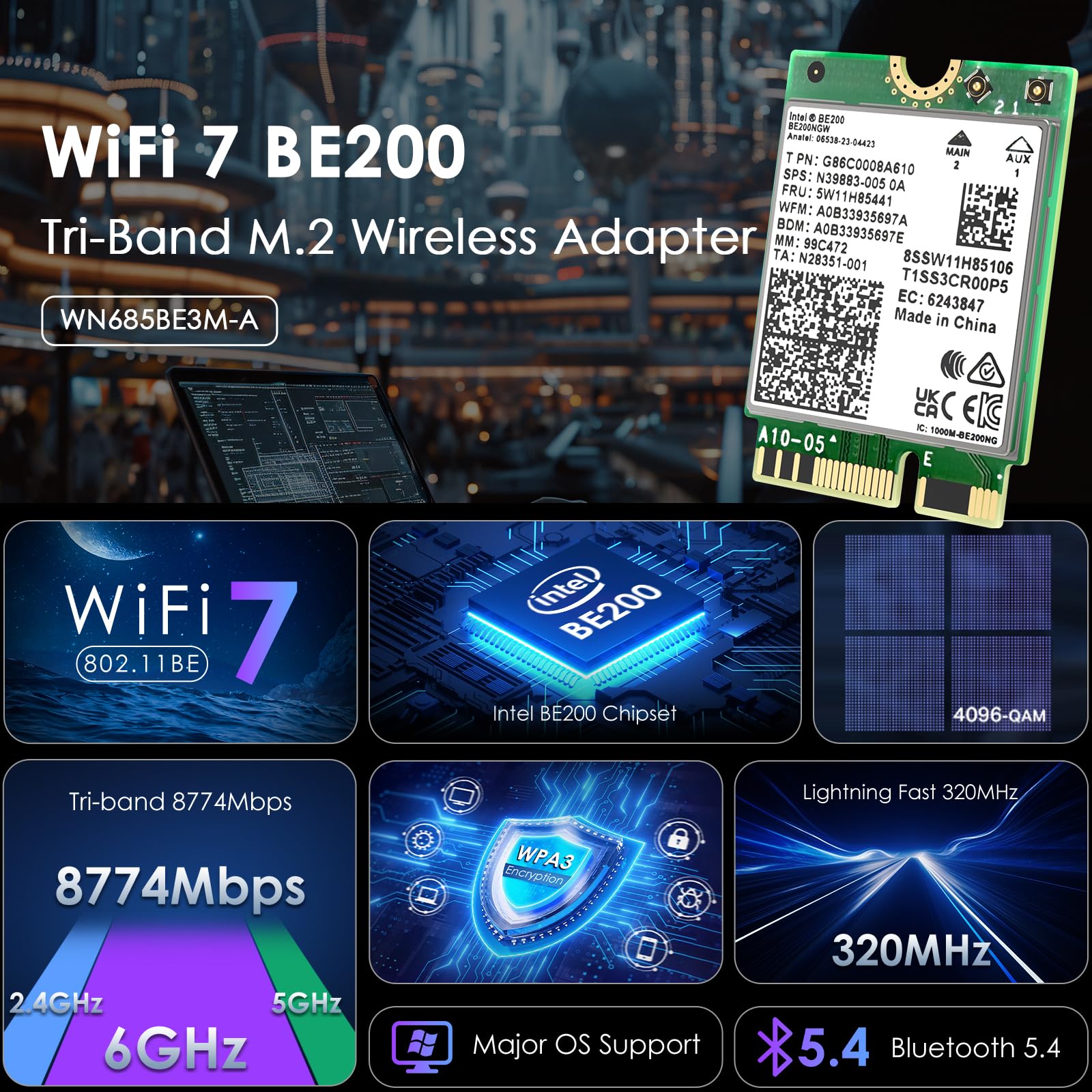 WAVLINK WiFi 7 Carte WiFi, 8774Mbps Tri-Band BE200 M.2 NGFF Network Module with Bluetooth 5.4, MU-MIMO, WPA3, Support Windows 10/11(64-bit) Laptop, Non Disponible pour Les Cartes mères AMD