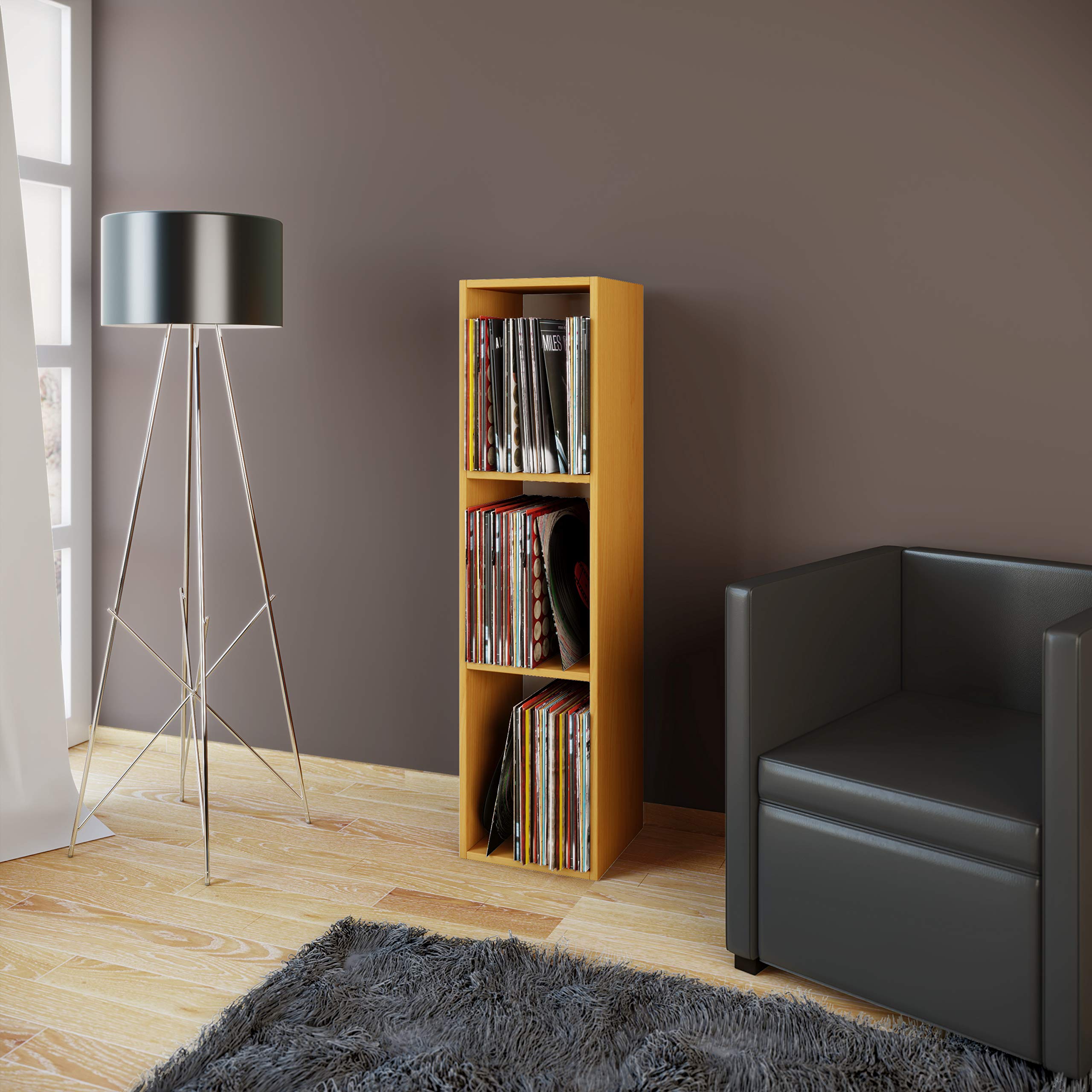 VCM Holz Schallplatten Regal | Stand Regal mit 3 Fächer für 100 Schallplatten | Maße: H. 107 x B. 34 x T. 30 cm - Platto