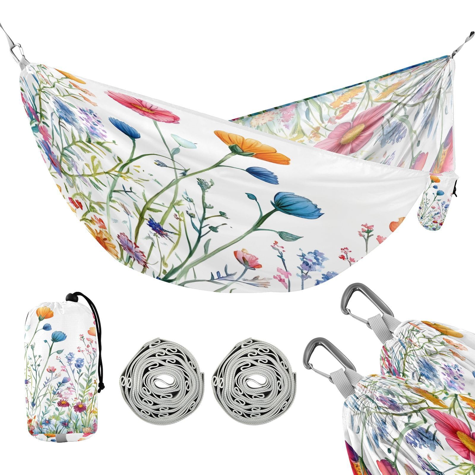 ATTX Beautiful Watercolor Wildflowers Camping Hammock - Lightweight & Portable Hammocks, Heavy Duty 330lbs Capacity for Indoor, Hiking, Backpacking, Travel, Backyard, Beach#61