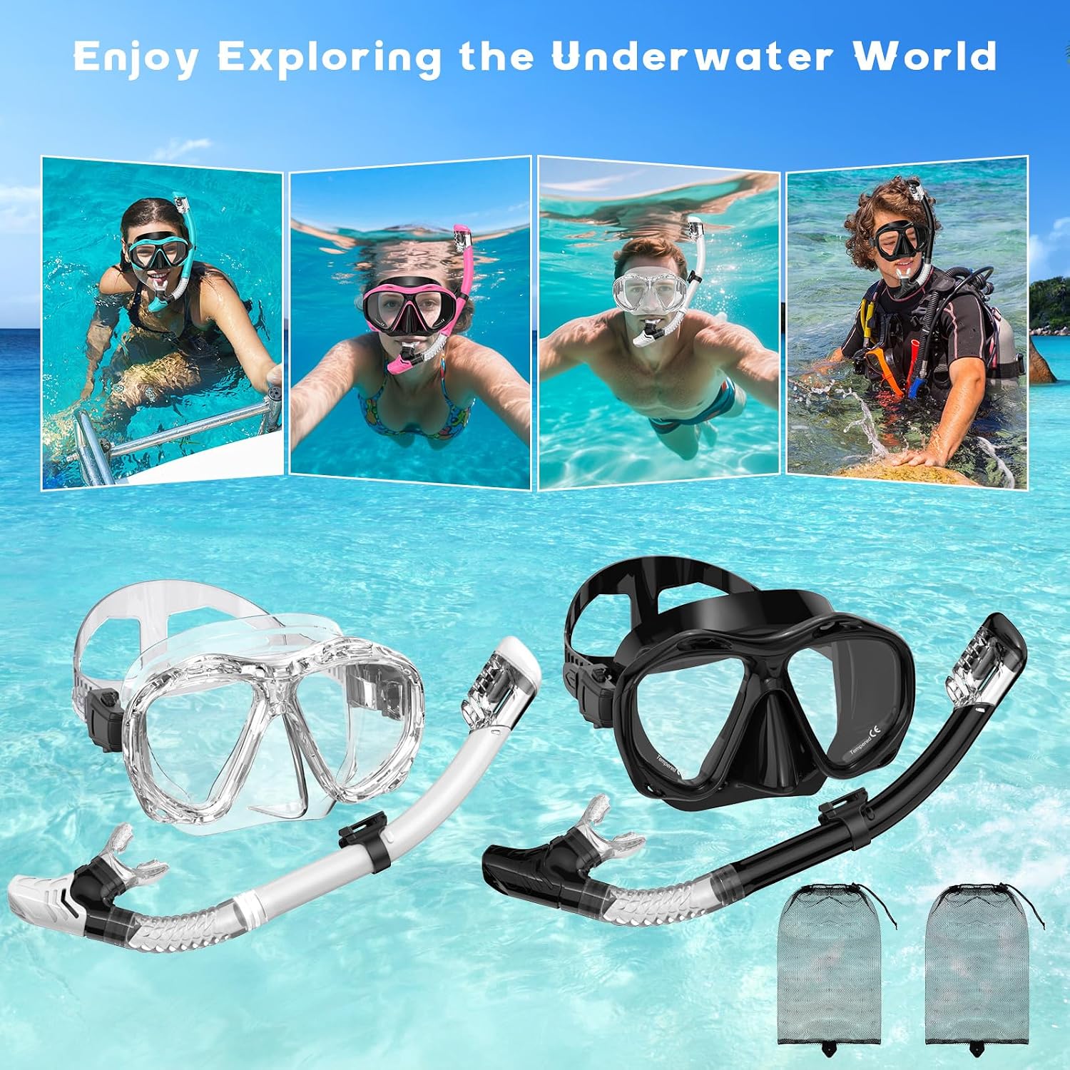 Snorkeling Gear for Adults, Dry Top Snorkel Mask Set, Diving Scuba Mask, Swimming Goggles with Nose Cover, HD Tempered Glass Panoramic Swim Freediving Anti-Leak Anti-Fog Travel Packages