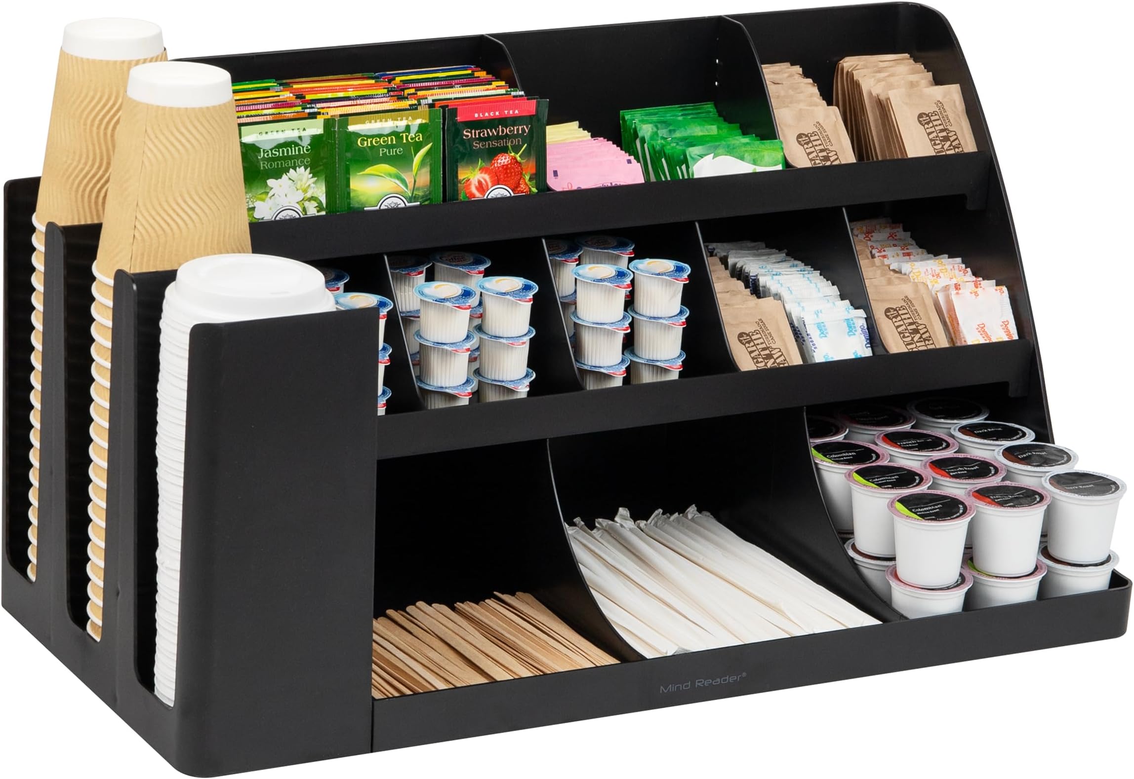 14 Compartment 3 Tier Large Breakroom Coffee Condiment Organizer, Black