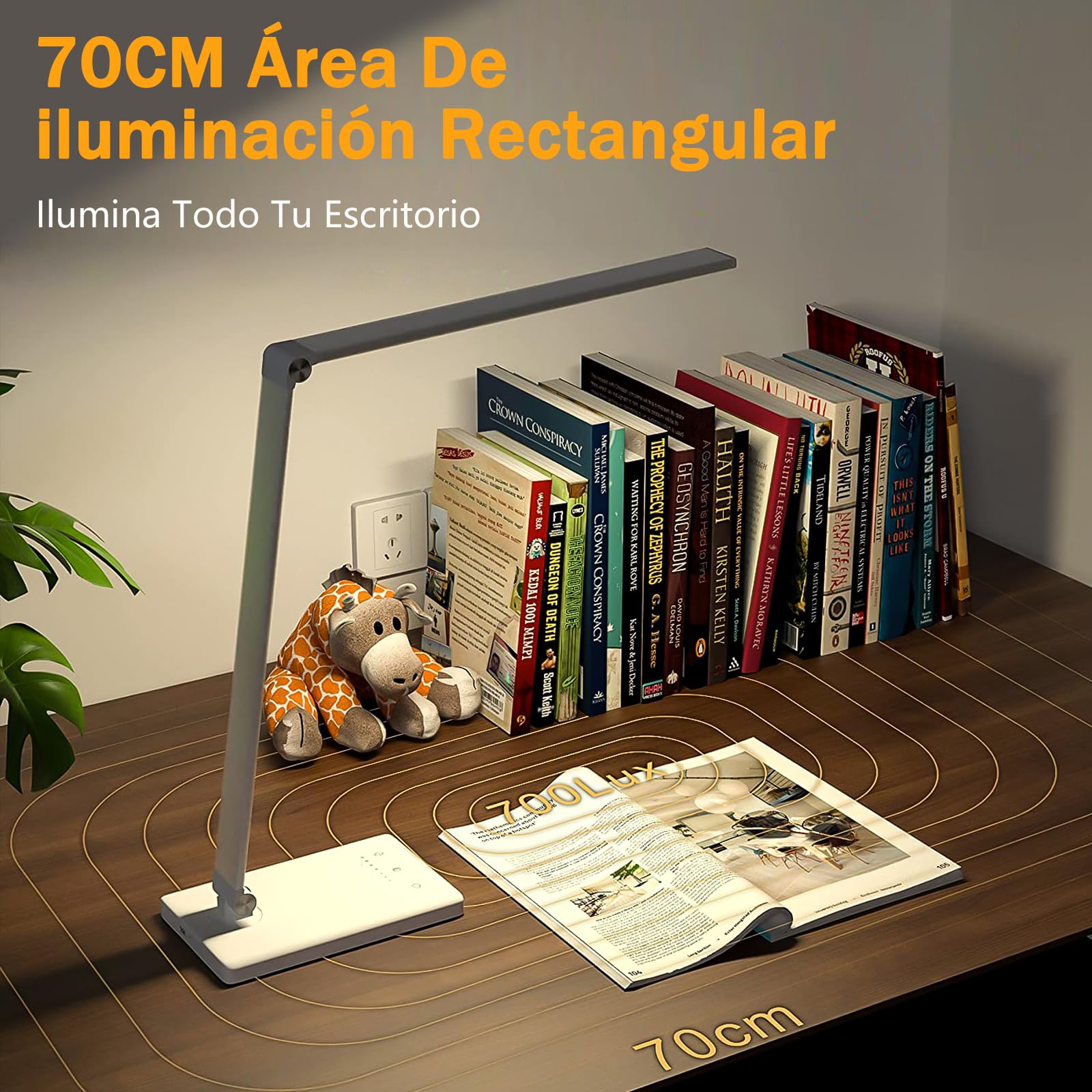 Lámpara Escritorio LED,5 * 10 Modos de Brillo con 52 SMD Leds Lámparas Mesa USB Recargable,2000mAh Plegable Flexo de Escritorio Control Táctil,Protege a ojos
