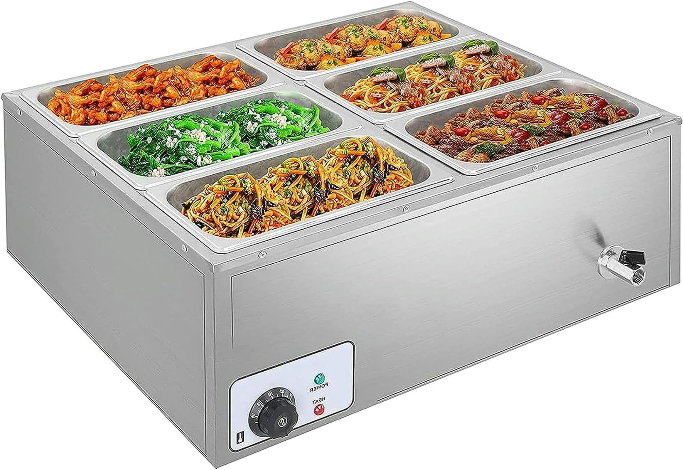 Scaldavivande elettrico da banco, 6 padelle, vassoio scaldavivande da 850 W, grande capacità, vassoi da buffet da 7 litri per buffet catering, intervallo di controllo della temperatura 30-85 °C