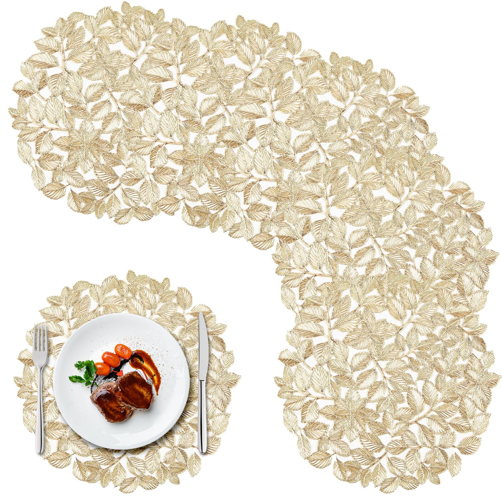 Gold Placemats,PVC Gold Table Mat set Heat Resistant Washable Placemat 6pcs Set for Home Kitchen holiday Party Decoration