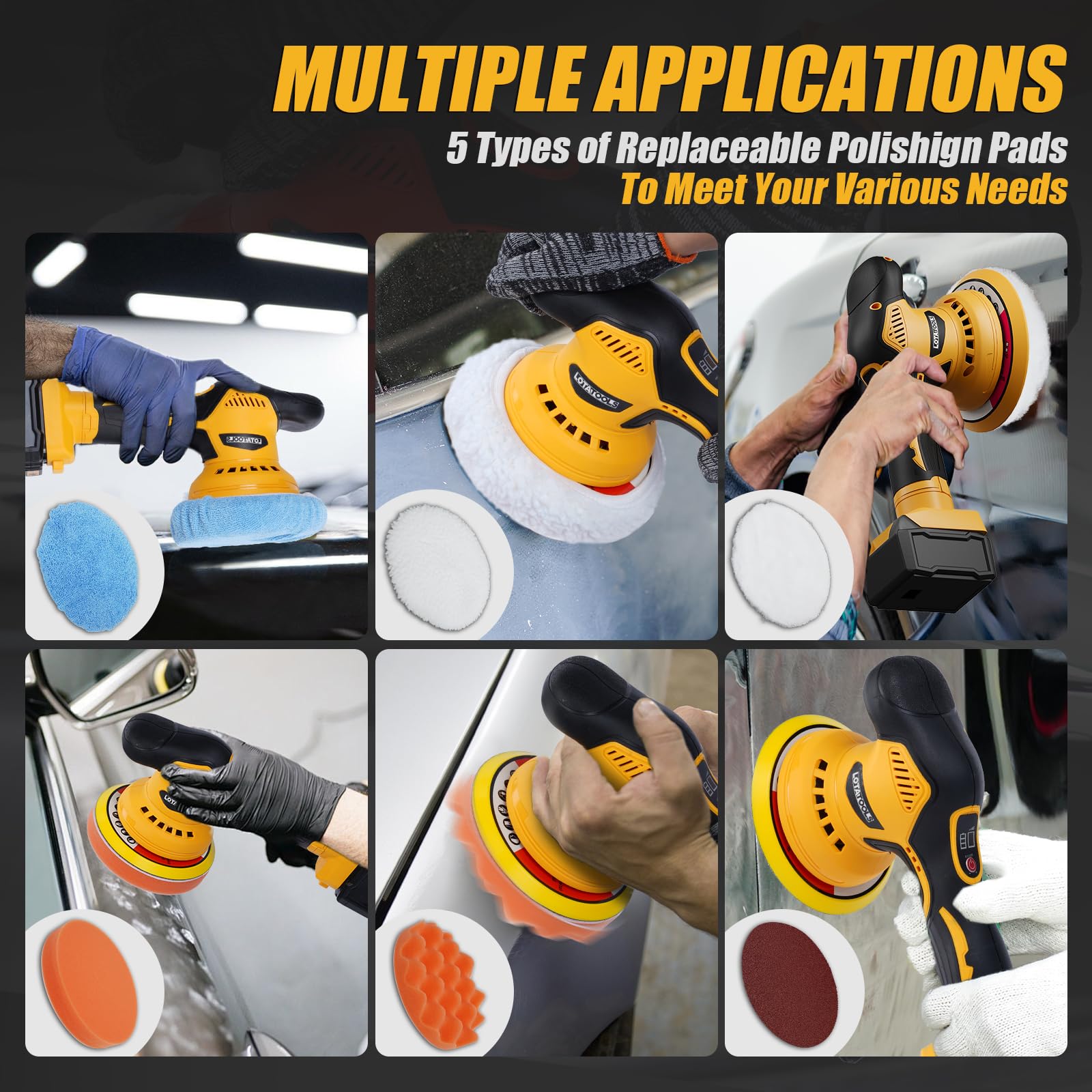 Pulidora para detalles de coche compatible con batería Dewalt de 20 V, pulidora de hasta 5500 rpm, amortiguador orbital inalámbrico para coche Pulidora de Autos 6 velocidades variables