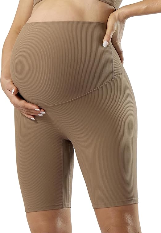POSHDIVAH Ribbed Maternity Biker Shorts Over The Belly for Women - 5"/8" Buttery Soft Pregnancy Workout Athletic Short