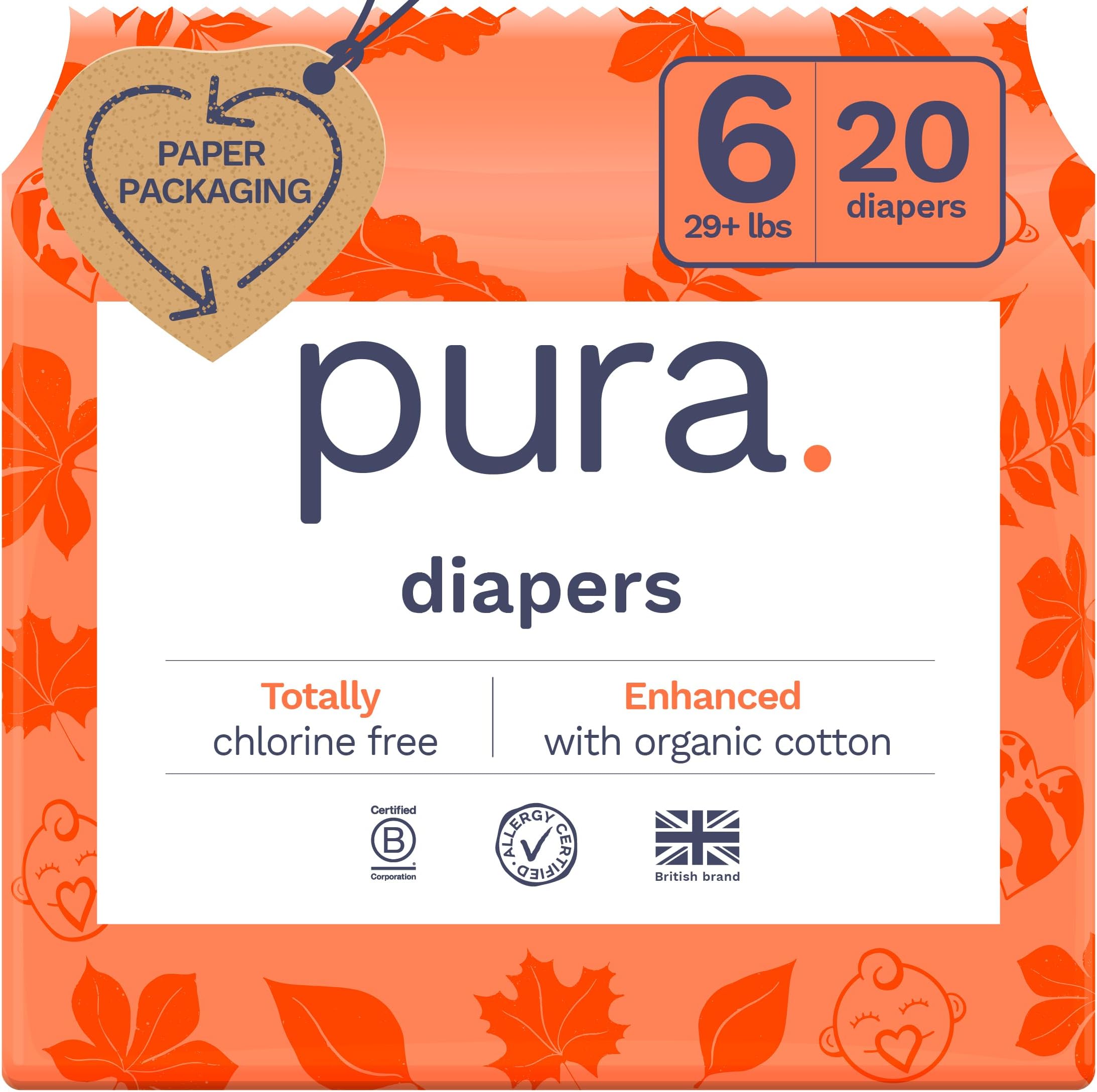 Size 6 Eco-Friendly Diapers (29+ lbs) Totally Chlorine Free (TCF) Hypoallergenic, Soft Organic Cotton, Sustainable, up to 12 Hours Leak Protection, Allergy UK, 1 Packs of 18 Diapers
