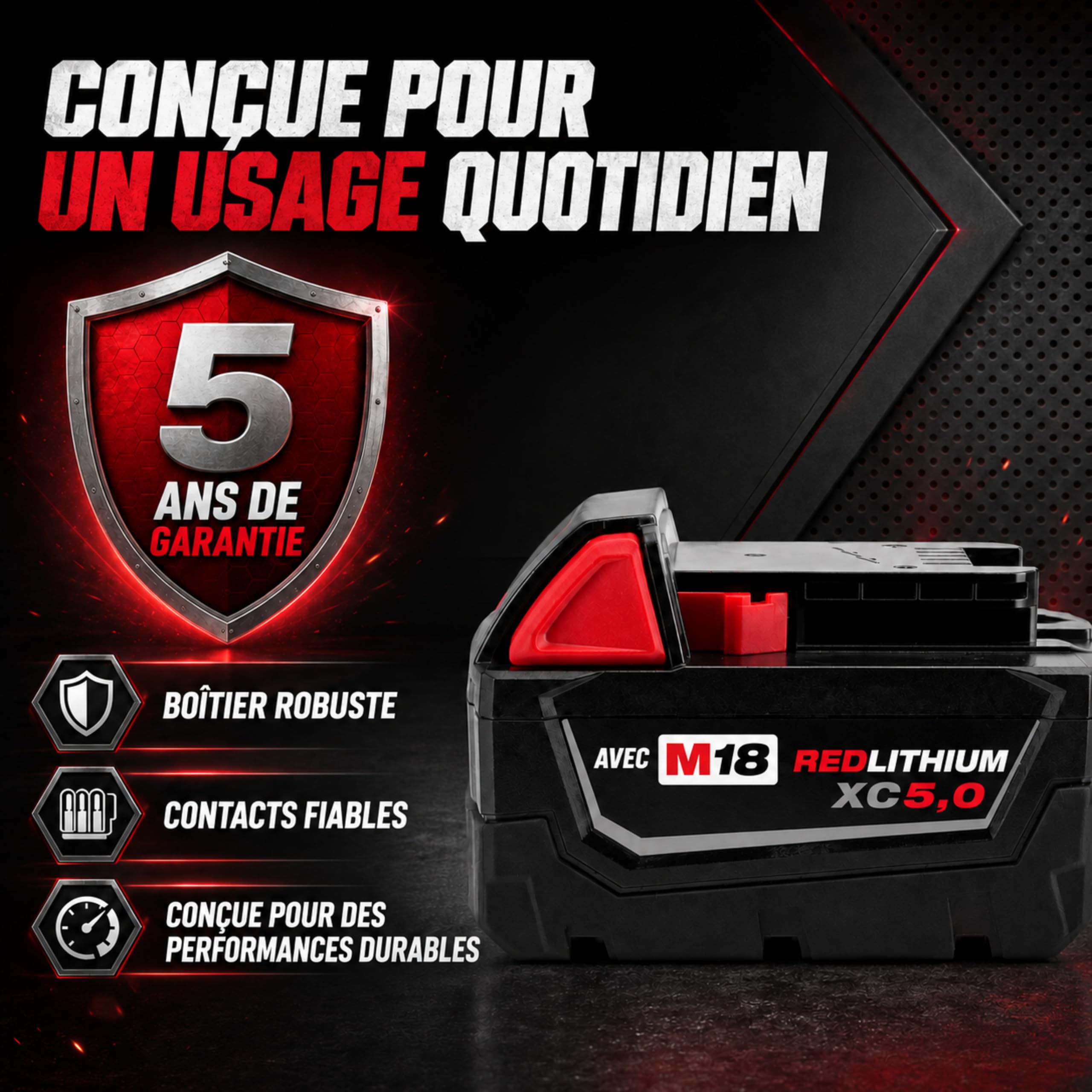 Batterie 18 V 5,0 Ah Compatible avec Milwaukee M18 B5 Red Lithium – Batterie de Remplacement Li-ION 90 Wh avec indicateur LED