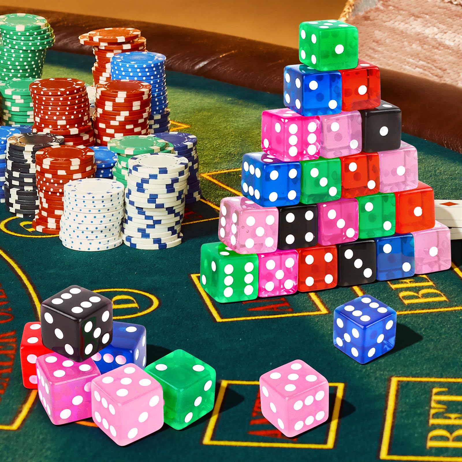 Hooqict Juego de 100 dados de casino estándar de 16 mm, dados de acrílico de 6 caras de colores para juegos de mesa (azul, verde, amarillo)