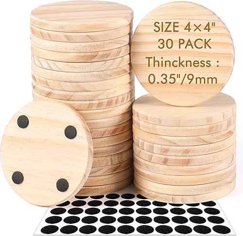 30 posavasos de madera sin terminar, posavasos redondos de madera en blanco de 4 pulgadas para manualidades con puntos de silicona antideslizantes