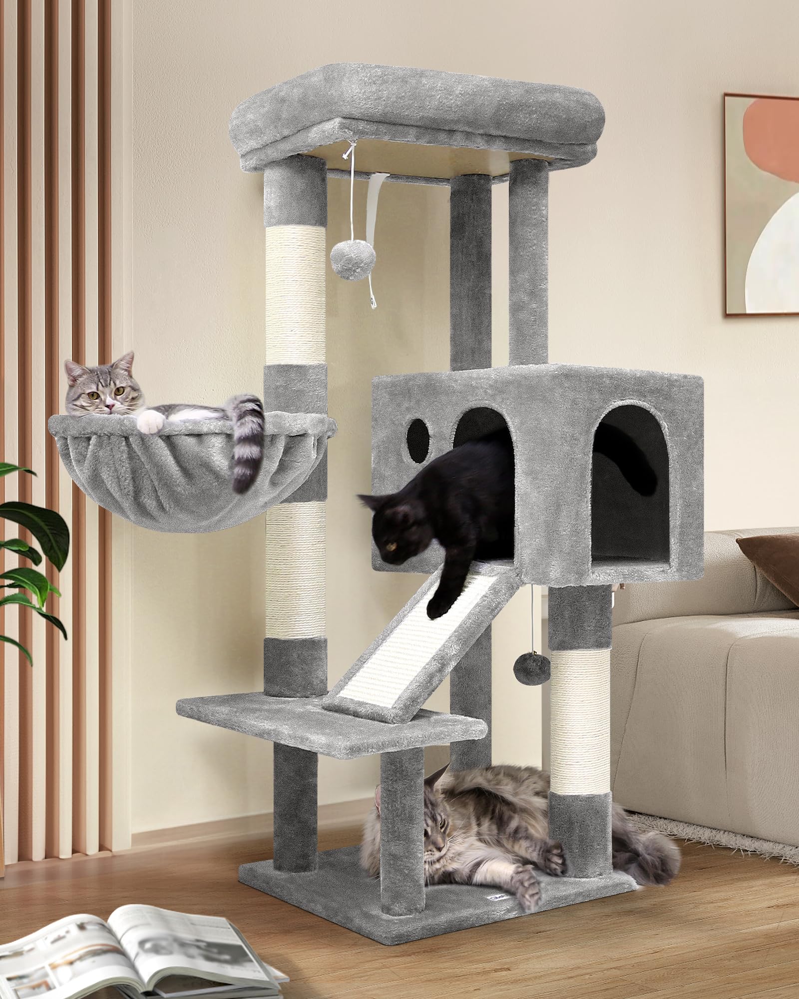 Globlazer Rascador para Gatos con Grandes Nidos Plataformas Acolchada Cesta Tabla Rascar Sisal Peluche Juguete, Árbol Rascador Estable Alto 116 cm para Gatito Grande Gato Viejo (S45, Gris Claro)