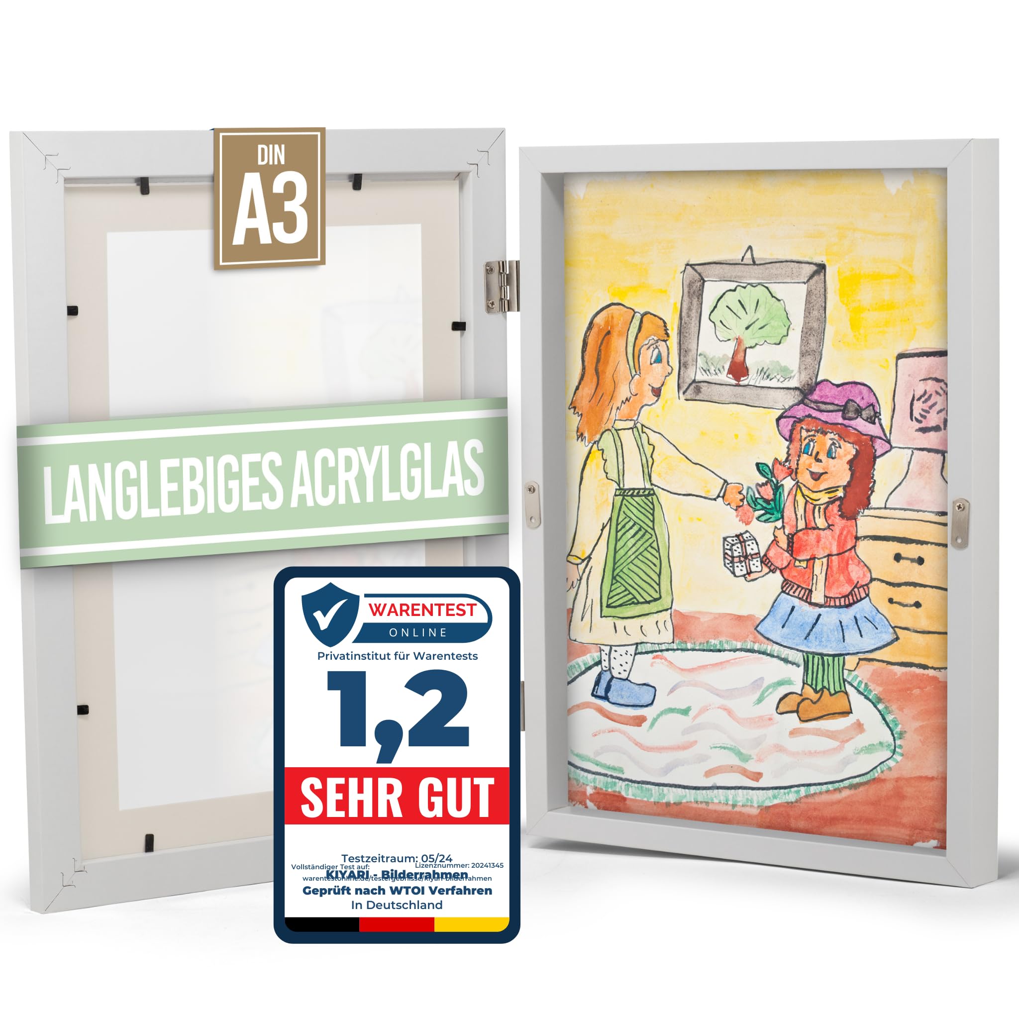 KIYARI Bilderrahmen Kinderzeichnungen A3 Weiß, Aufklappbar & Frontöffnung, für bis zu 150 Zeichnungen, Robustes Holz & bruchsicheres Glas, Ideal für Kunstprojekte, Kinderzimmer & Schule