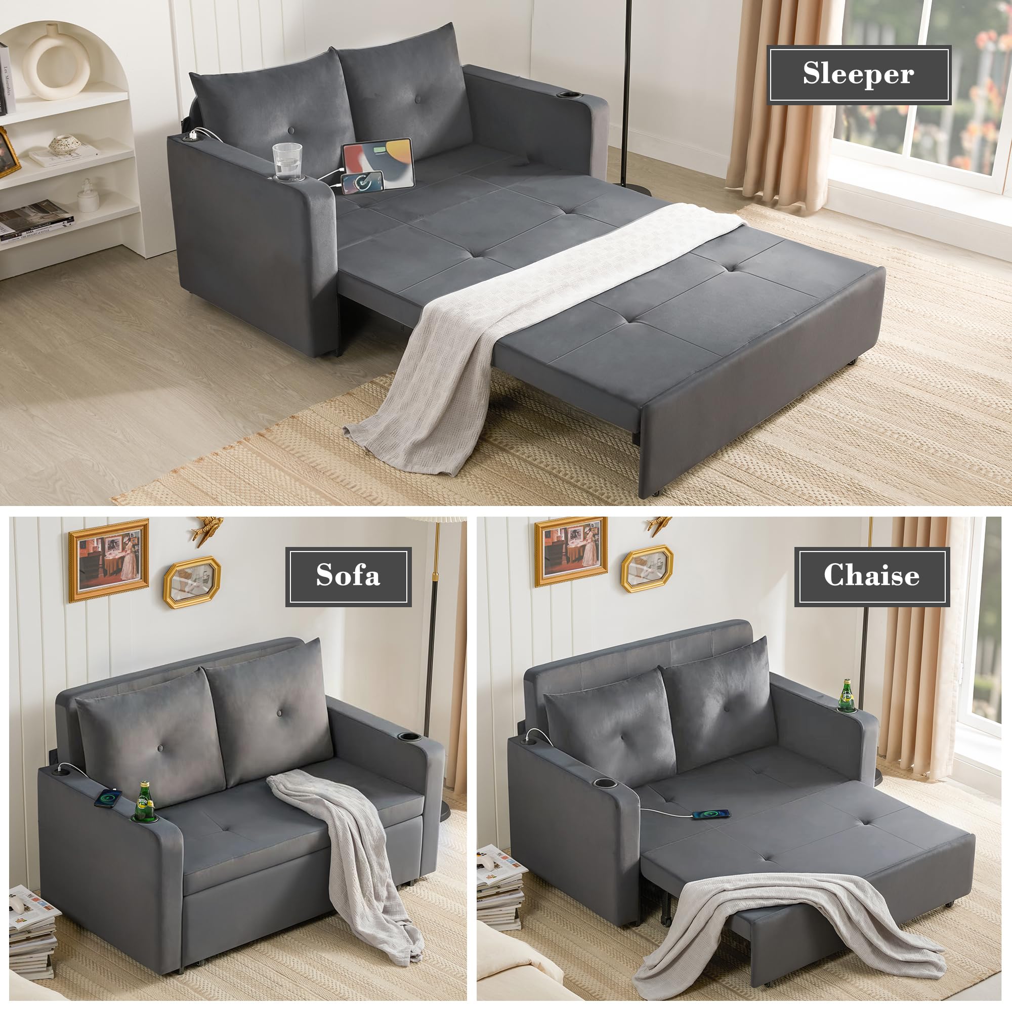 Krcix 3 in 1 Pull Out Couch, 56" Convertible Sofa Bed, Loveseat Sleeper | Velvet Sleeper Sofa for Living Room, Small Space, Upholstered Couch Bed with USB, Cup Holder, Dark Grey
