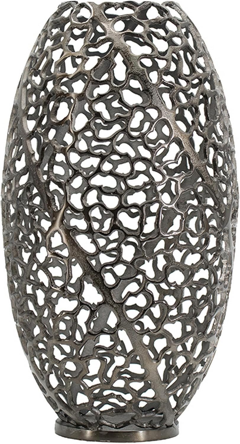 Benjara BM302592 14 in. Tall Curved Cut Out Design & Intricate Details Aluminum Accent Vase Black