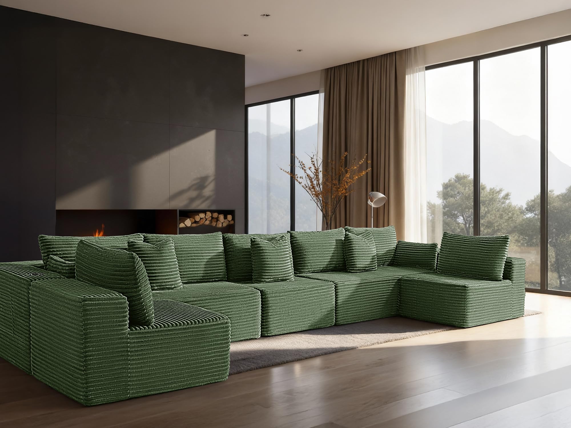168" Cloud Sectional Couch, Comfort U Shaped Sofa for Living Room, Extra Deep Seats No Assembly, Minimalist Modular Couch, Corduroy (Olive Green, 7 Seats,U-Shape B)