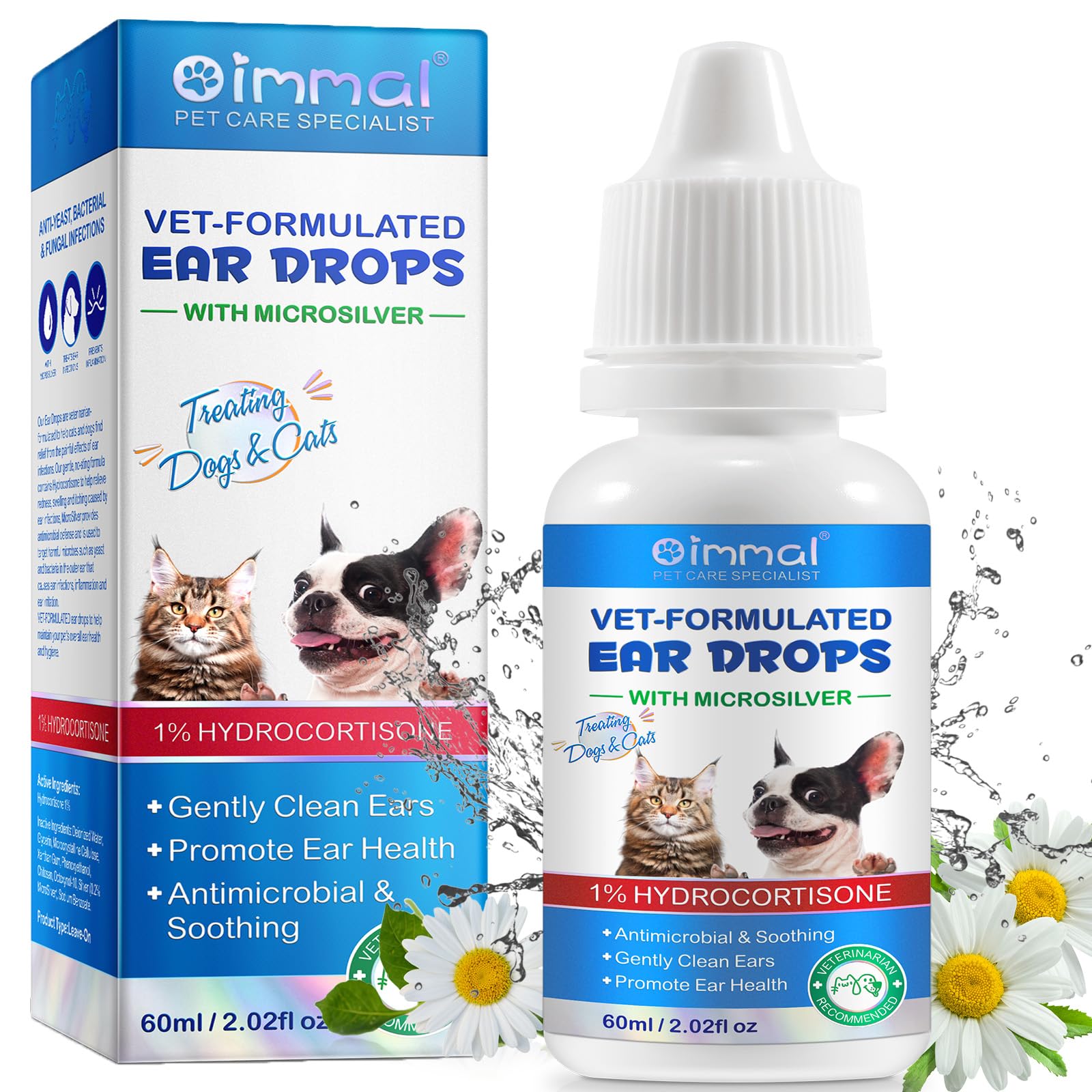 Cat & Dog Ear Infection Treatment Drops, Pets Ear Cleaning Solution Drops with 1% Hydrocortisone Soothing Dog Yeast Infection, Treats Ear Infections, Itchy Ear Relief, Cat Ear Care Supplies