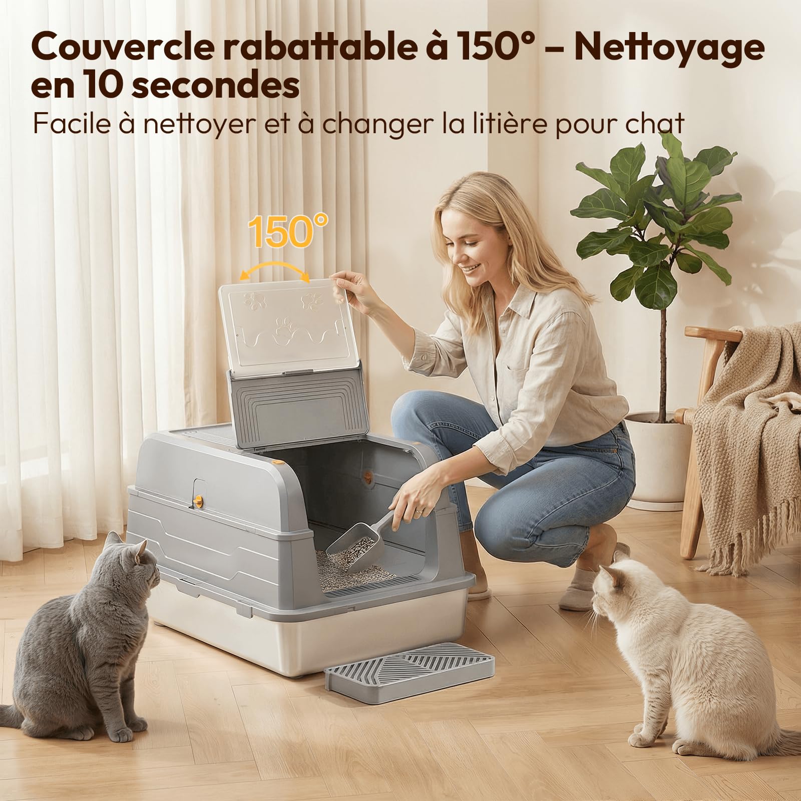 JUMMICO 120L bac à litière pour Chat XXXL, bac litière pour Chat en Acier Inoxydable 3 en 1 (Ouvert/Semi-fermé/fermé) avec Couvercle Rabattable 150°, Anti-Rayures et Anti-fuites, Plateau Anti-Sable