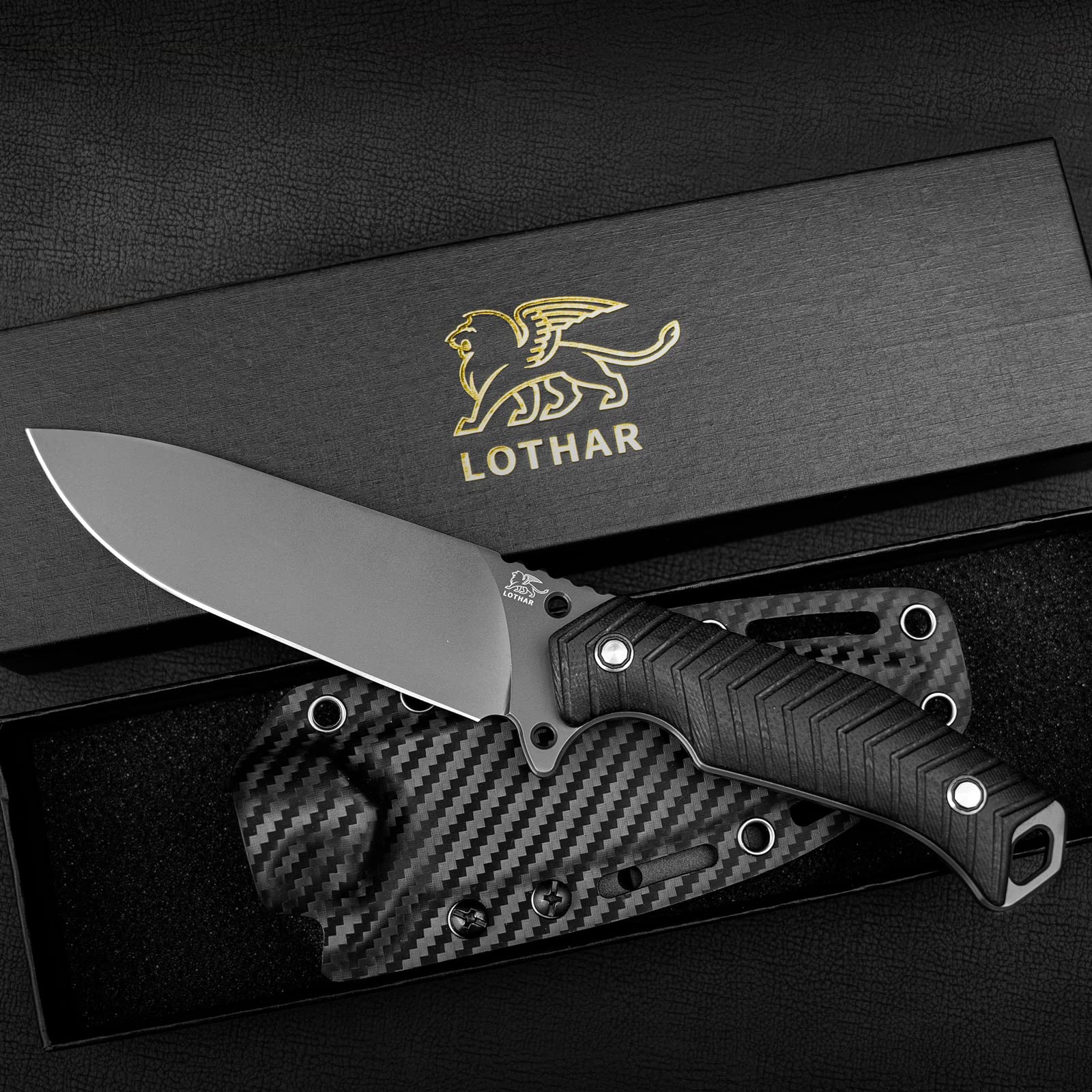 LOTHAR BAT Cuchillos de Hoja Fija, Couteau D'extérieur de Survie en Acier D2 avec Poignée en G10 et Étui Kydex, Idéal pour les Amateurs de Couteaux de Chasse en Plein Air