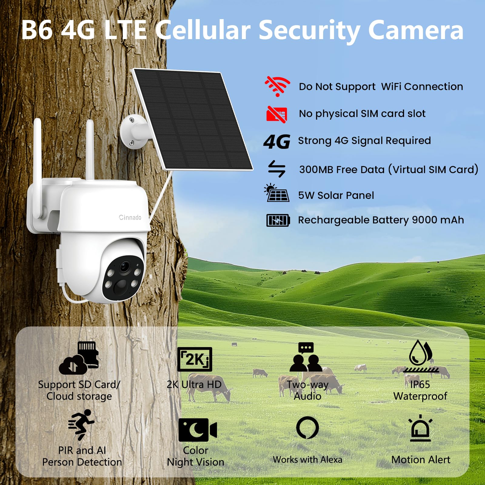 Cinnado 4G LTE 2K 3MP Camera Exterieur sans Fil Solaire, Batterie 9000 mAh | Camera de Surveillance sans Internet et sans WiFi, PIR Détection Humaine IA, IP65 Étanche, Carte SIM Virtuelle Incluse