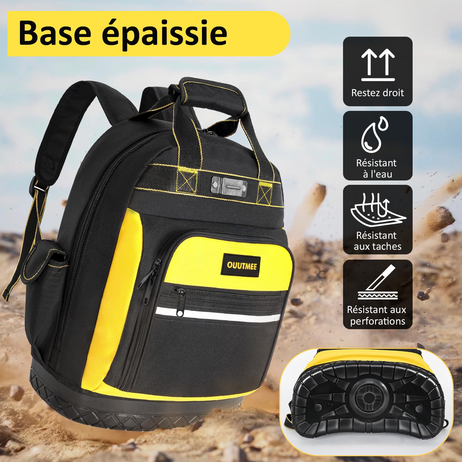 OUUTMEE Sac à Dos à Outils avec Base en Caoutchouc ABS, Sac à Outils Robuste avec Poches Multiples, Sacs Porte-Outils avec Bandoulière et Sangle de Taille pour Électriciens et Construction (Jaune)
