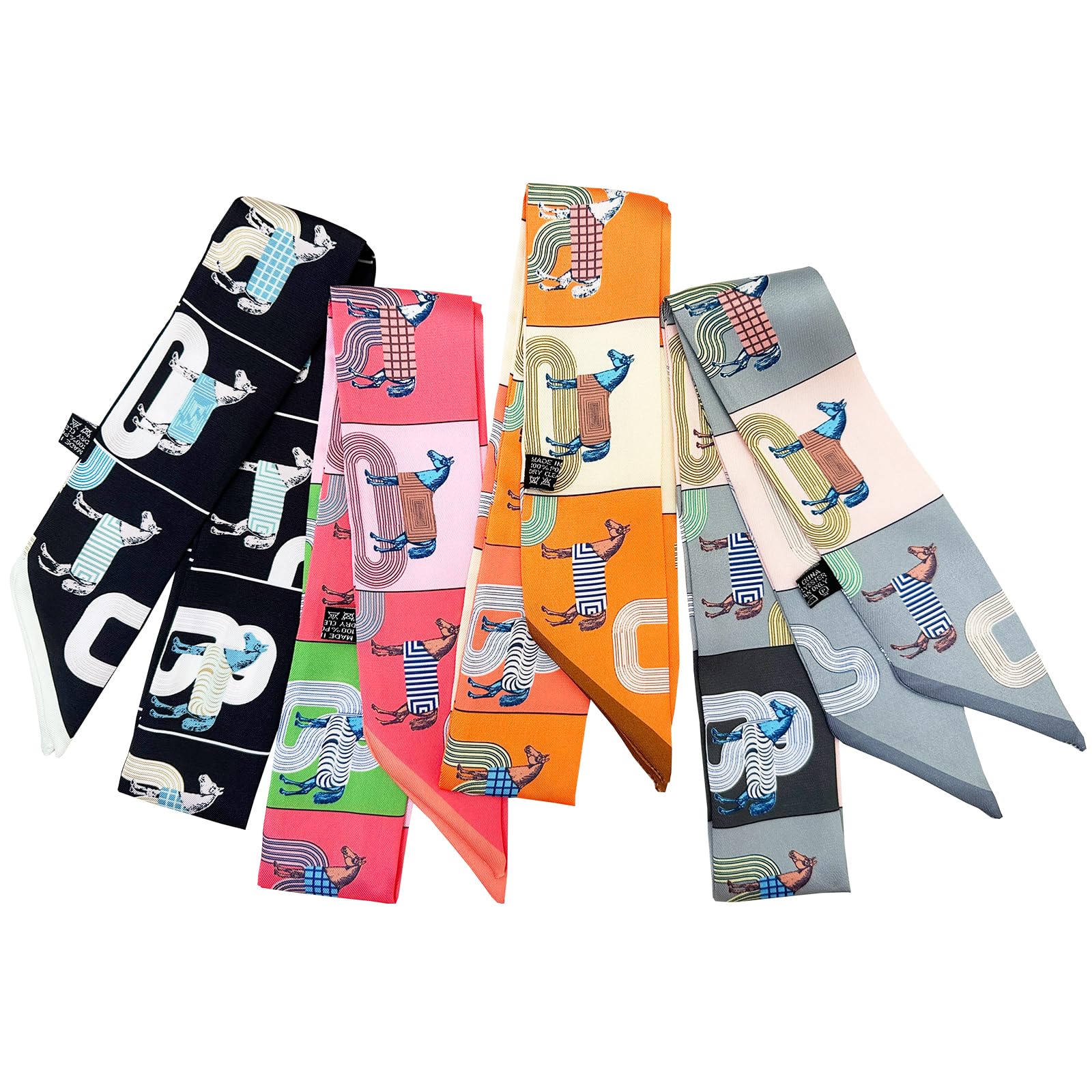 SansHeBe 4pcs Purse Scarf Fashion Handbag Handle Ribbon Lightweight Scarf Head Hair Ribbon Skinny Scarf For Women, Black Horse, Medium