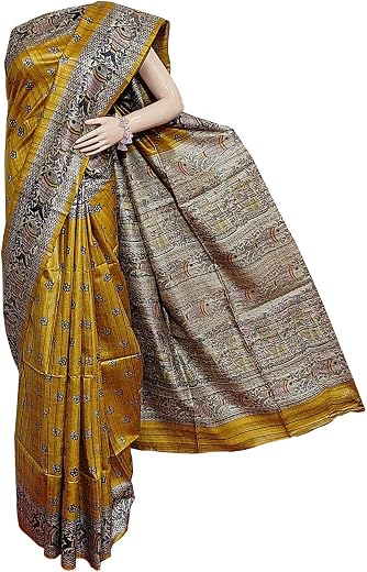 Triveni Handloom Tussar Ghicha Hand Madhubani Printed Pure Silk Saree (Gold_Color)