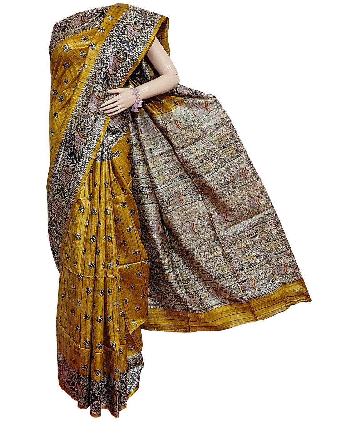 Triveni Handloom Tussar Ghicha Hand Madhubani Printed Pure Silk Saree (Gold_Color) - Review, Price and Buying Guide