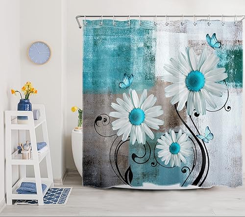 Miniatura 3 de Cortina de ducha con ganchos, margarita verde azulado y mariposa, juego de cortina de ducha moderna abstracta geométrica gris y blanco, accesorios