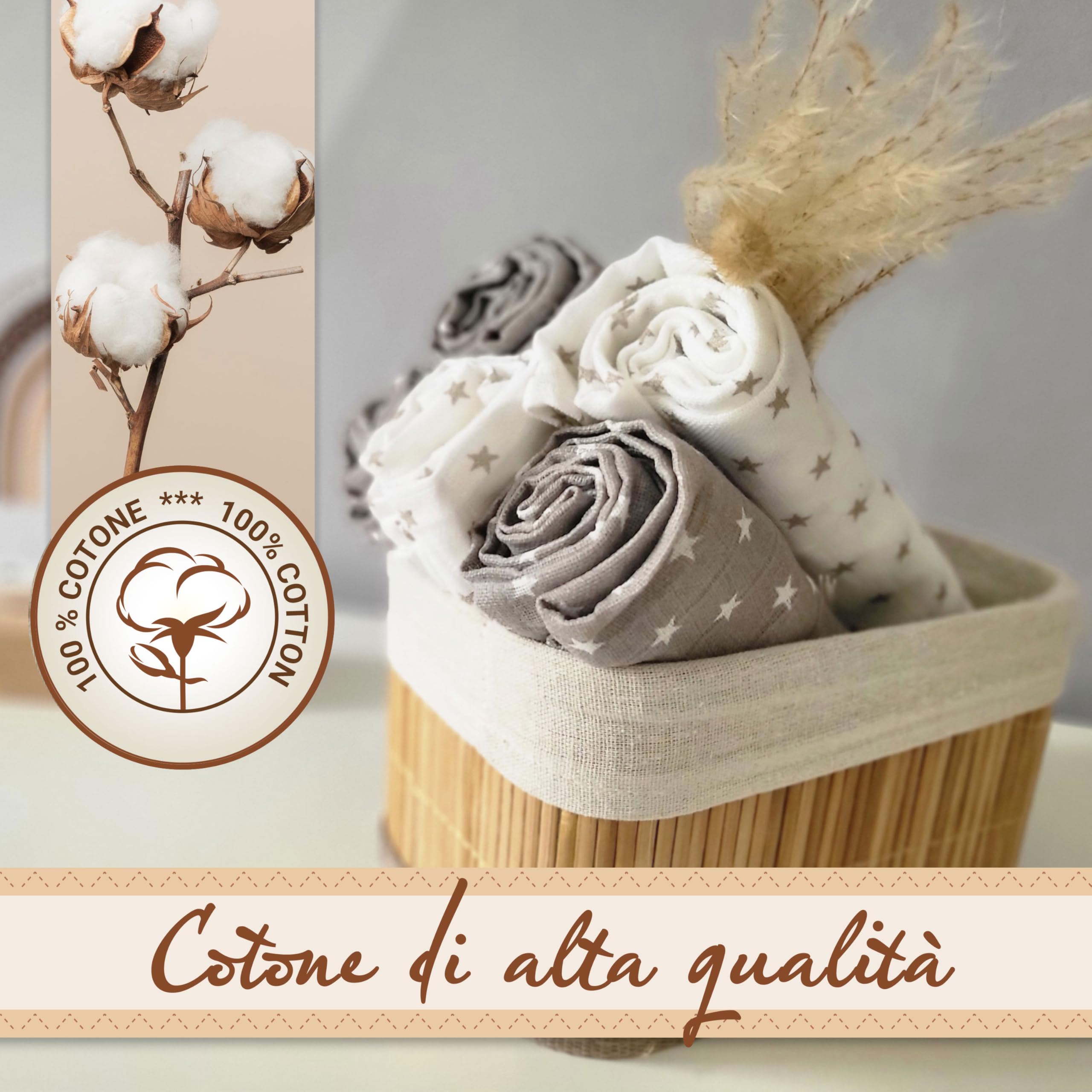 ZOLLNER 5 Mussole per neonato 80x80 cm - 100% cotone - 3 grigie design a stelle bianche e 2 bianche con design a stelle grigie - lavabili a 60°C - pannolino di stoffa - Certificato OEKO TEX (R)