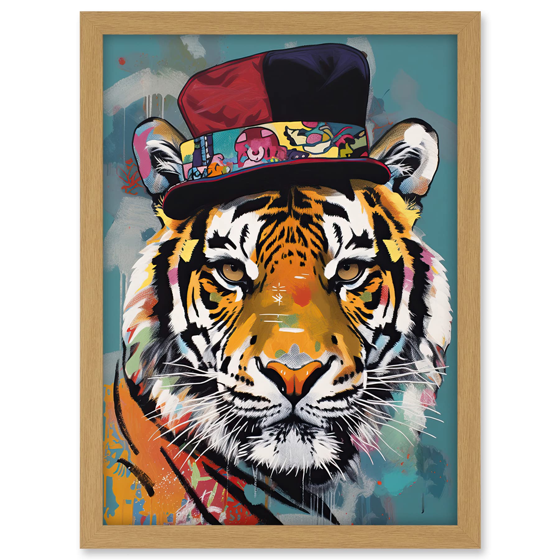 Artery8 Tiger Wearing Soft Felt Top Hat Modern Folk Art Artwork Framed A3 Wall Art Print
