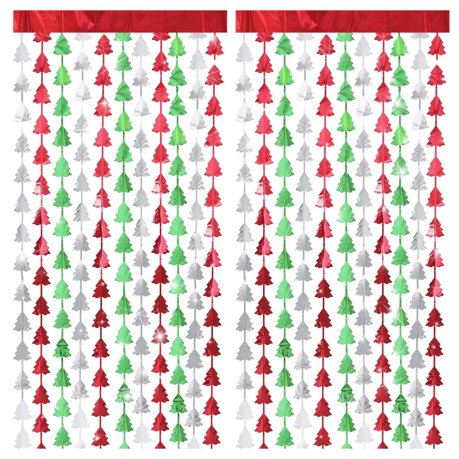 MBSIVSA 2 Pack Christmas Tree Foil Curtains, Red and Green Foil Christmas Decorations, Tinsel Curtains, for Festive Parties Photo Booths Doors Windows and Decor