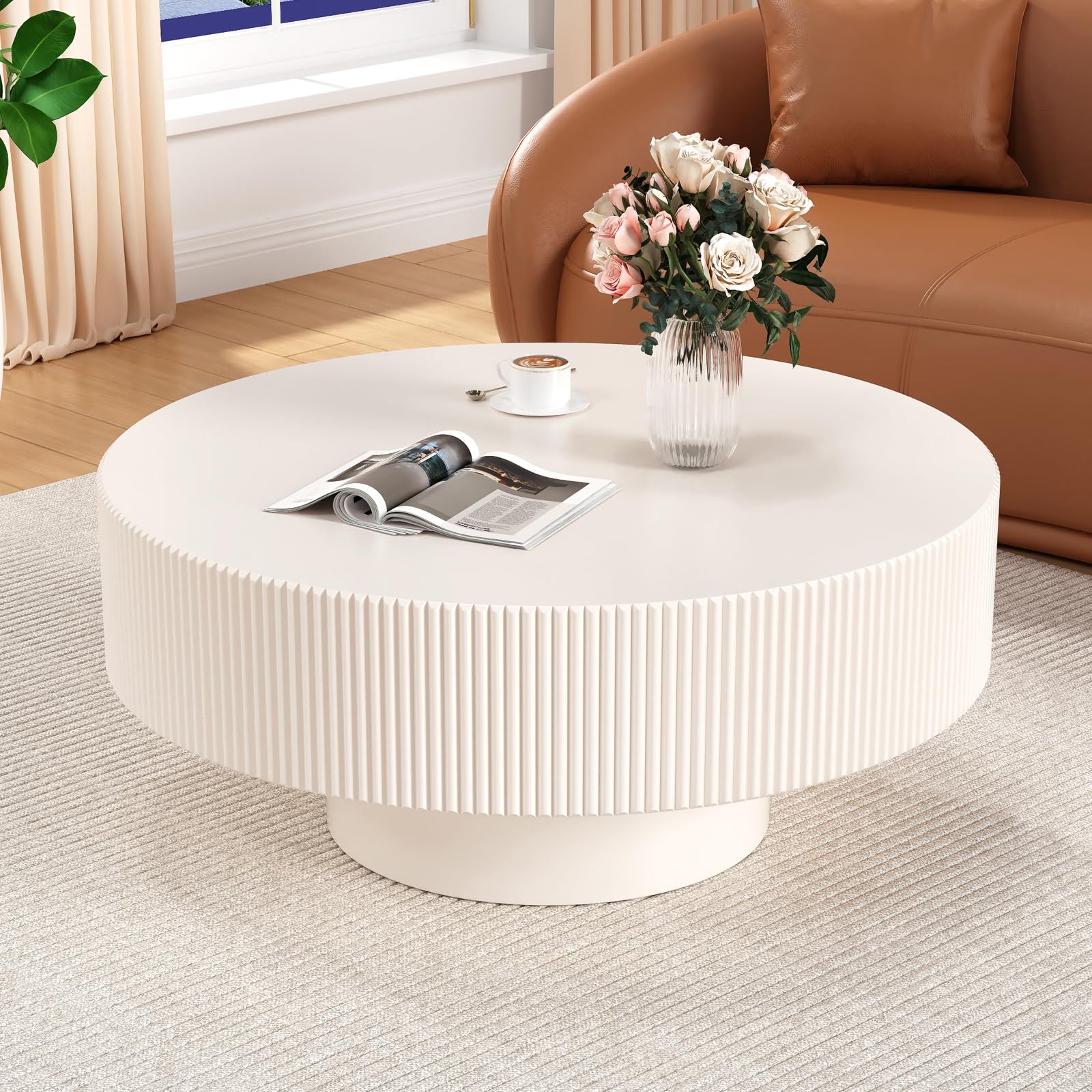 Jhkzudg One Color Fluted Round Coffee Table 30.9" Modern Wooden Coffee Table