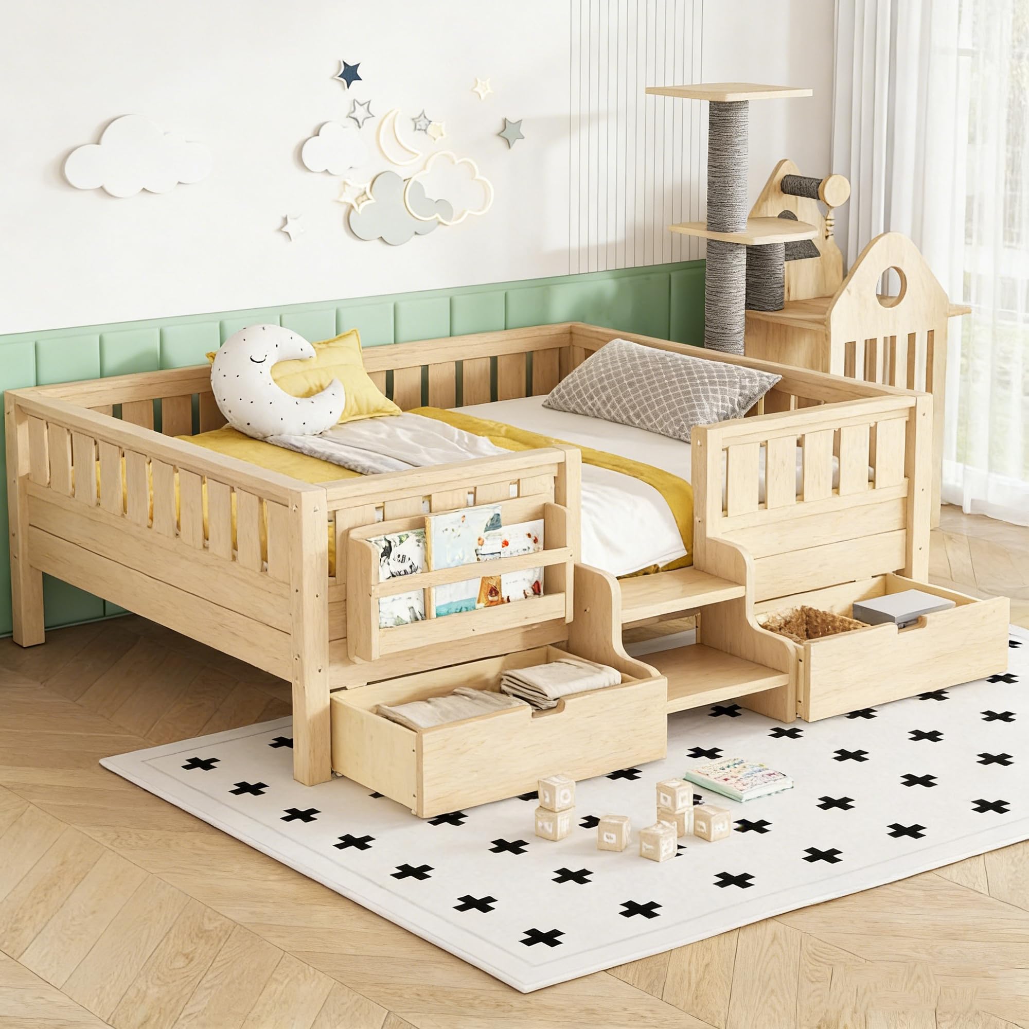 Photo 1 of Bellemave Twin Size Kids Montessori Bed with Stairs and Bookshelf,Solid Wood Twin Size Kids Bed Frame with Drawers and Storage for Girls Boys,Low-Profile,Light Natural