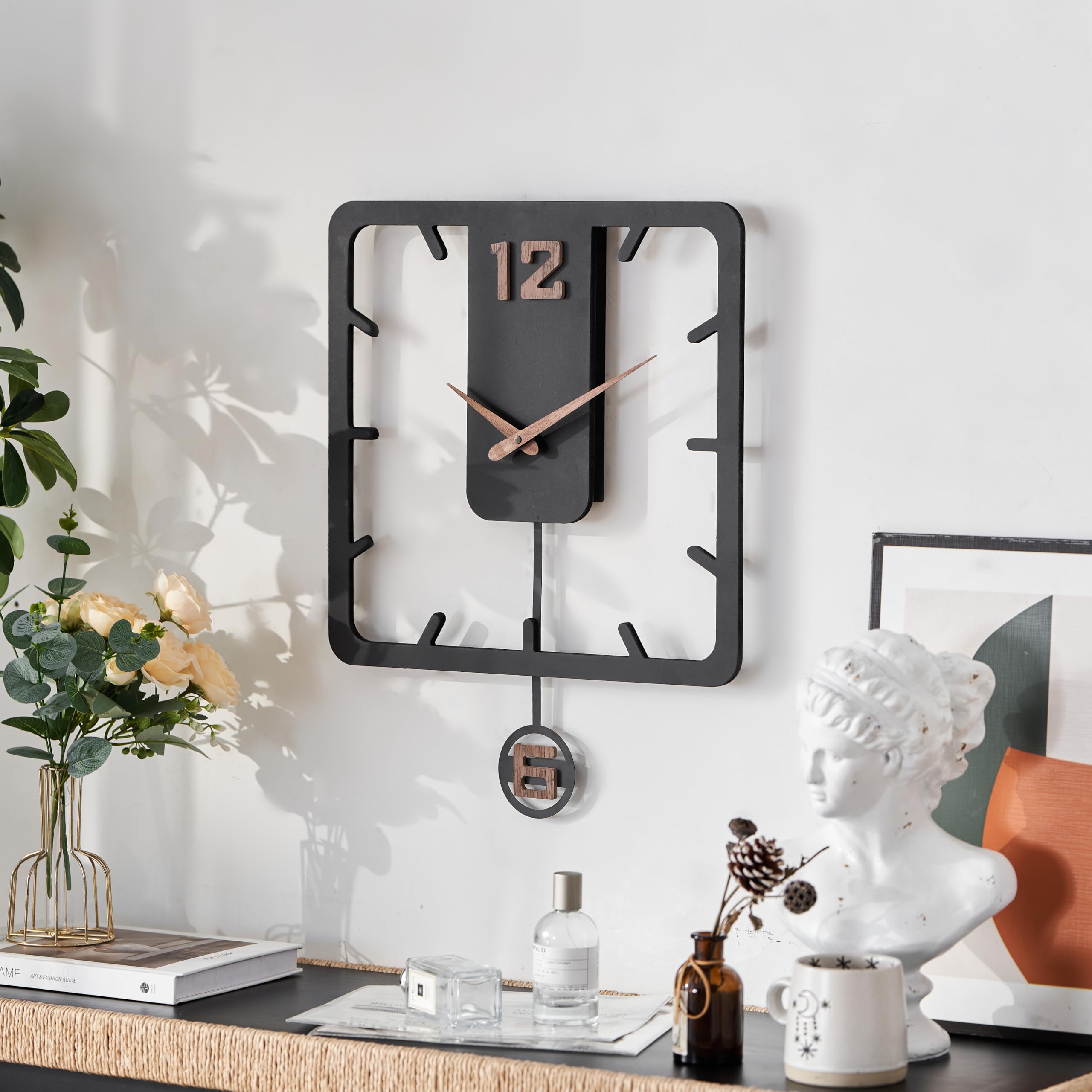 K&L Wall Art Große Pendeluhr Holz Wanduhr leise Holzwanduhr Vintage Holzuhr lautlos Uhrwerk ohne Tick-Geräusche