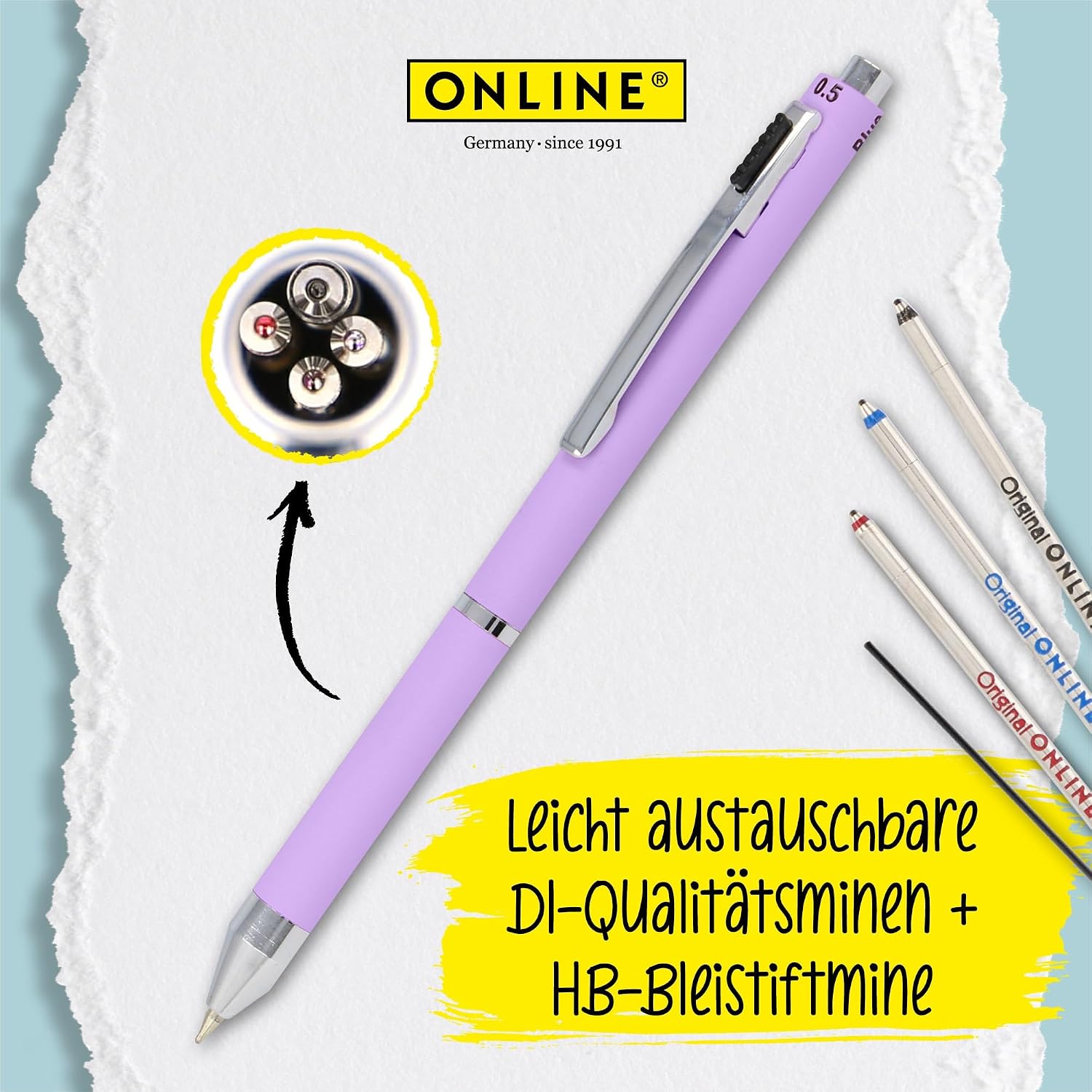 Online multipen 4-in-1 Lavender | Multicolour Ballpoint Pen & Pencil | Multifunctional Metal Pen | 3 Pen Points in Blue, Black, and red, Mechanical Pencil Lead | incl. Rubber