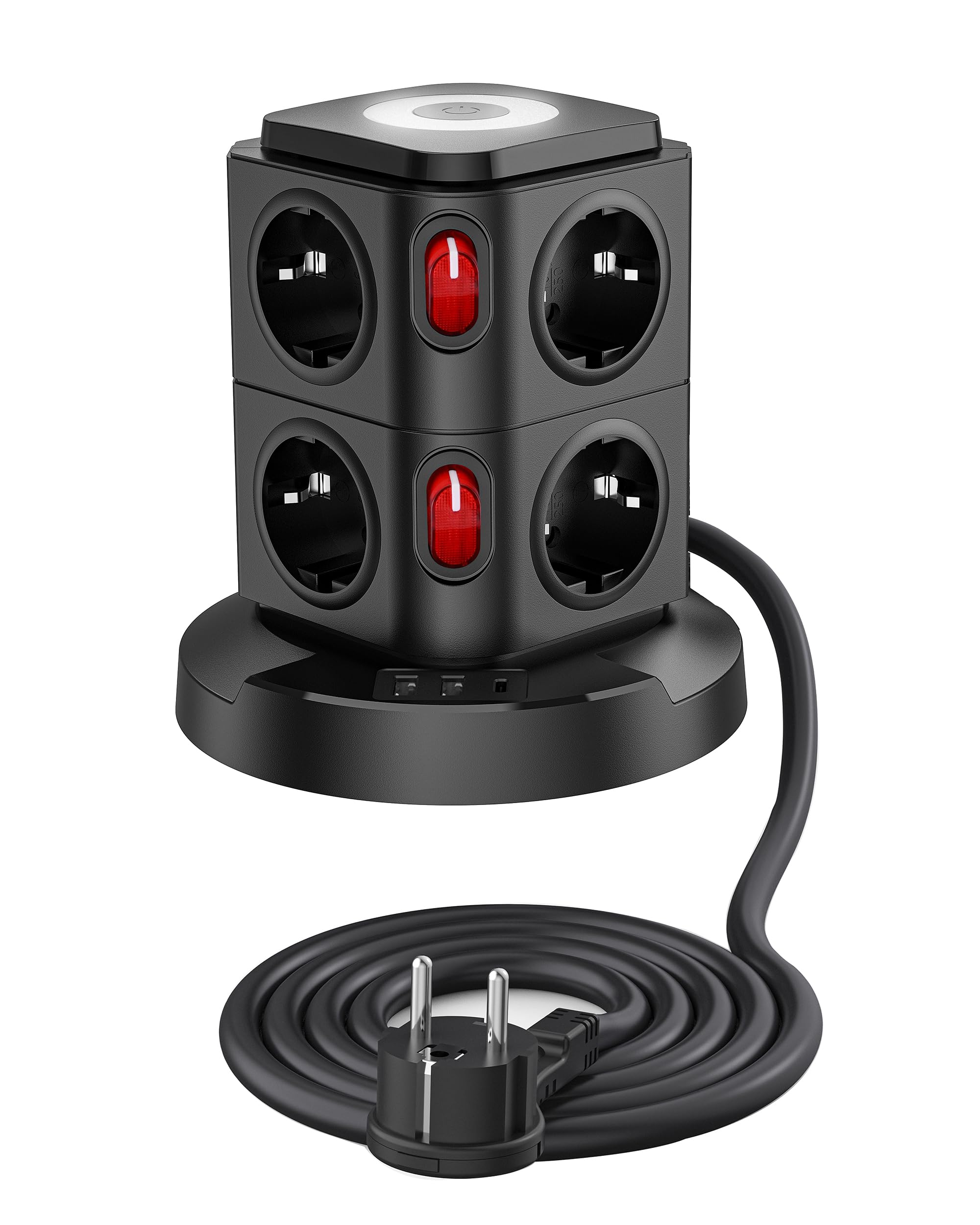 8 Fach Mehrfachsteckdose,Flachstecker Steckdosenleiste mit USB, LED Steckdosenturm Steckerleiste mit Schalter, Mehrfachstecker Überspannungsschutz,1.8 M Verlängerungskabel Verteilersteckdose für Büro