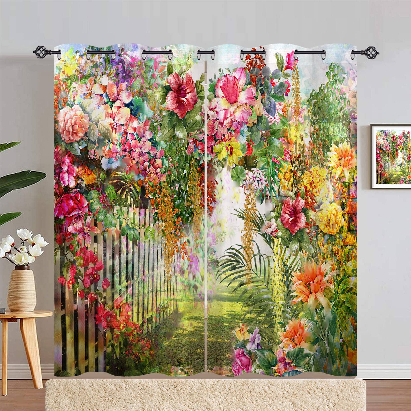 ANHOPE Floral Curtains Eyelet Thermal Insulated Blackout Curtains Abstract Flower Watercolor Painting Print Pattern Ring Top Window Drapes for Girls Bedroom Living Room 66 x 72 Inch Drop 2 Panels — image 1